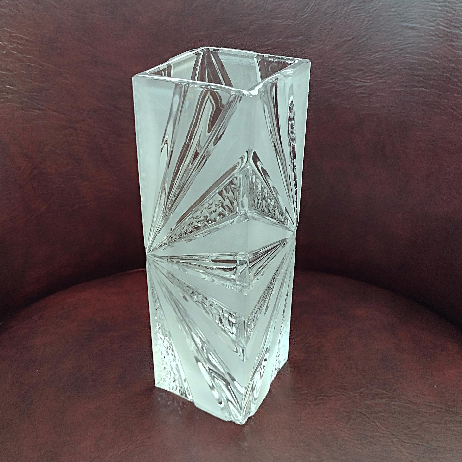 Vintage German Lead Crystal Frosted Sunburst Rectangular Flower Bud Vase