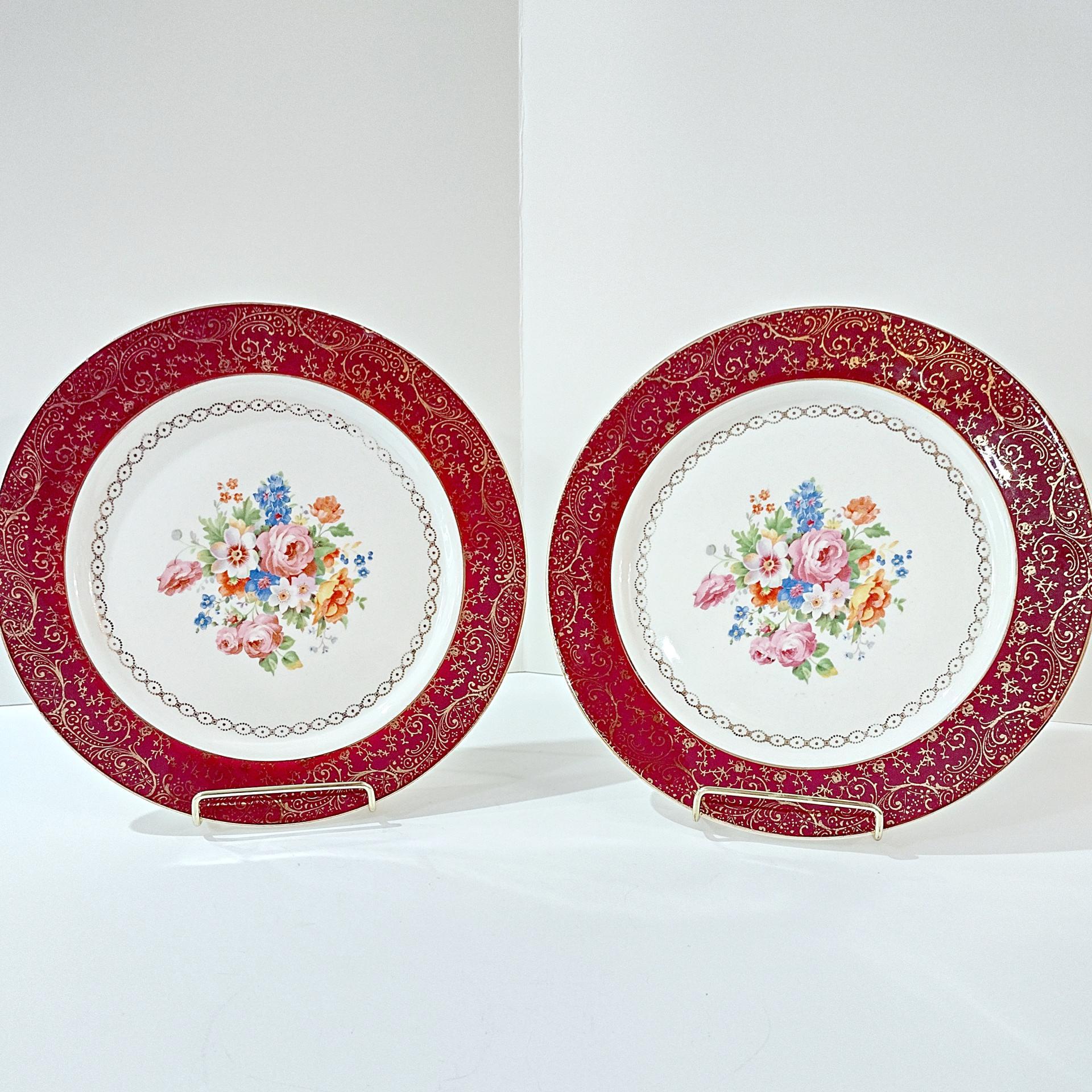 Vintage Southern Potteries Inc Royal Rajah Maroon Floral 22K Gold Dinner Plates, Set of 2