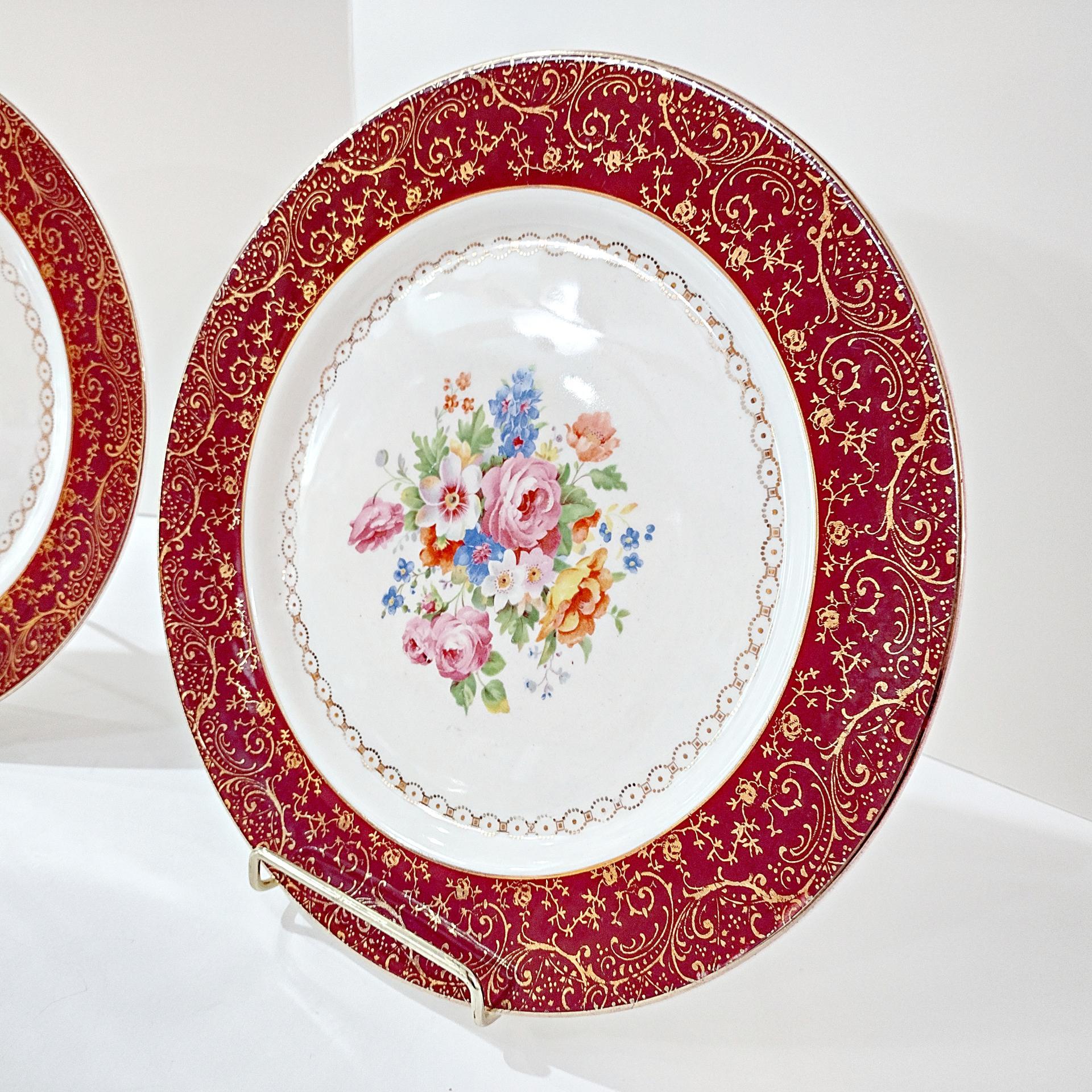 Vintage Southern Potteries Inc Royal Rajah Maroon Floral 22K Gold Dinner Plates, Set of 2