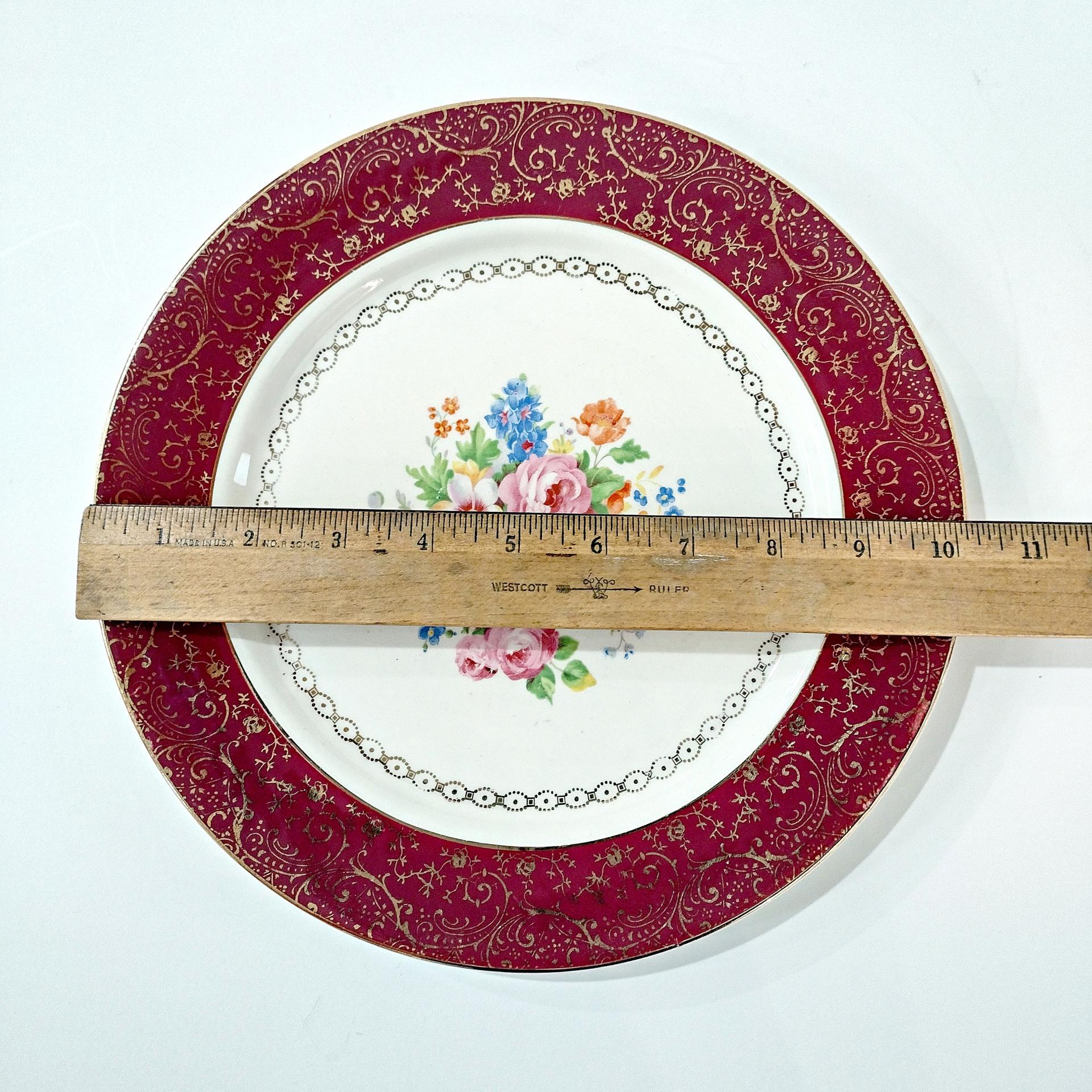Vintage Southern Potteries Inc Royal Rajah Maroon Floral 22K Gold Dinner Plates, Set of 2