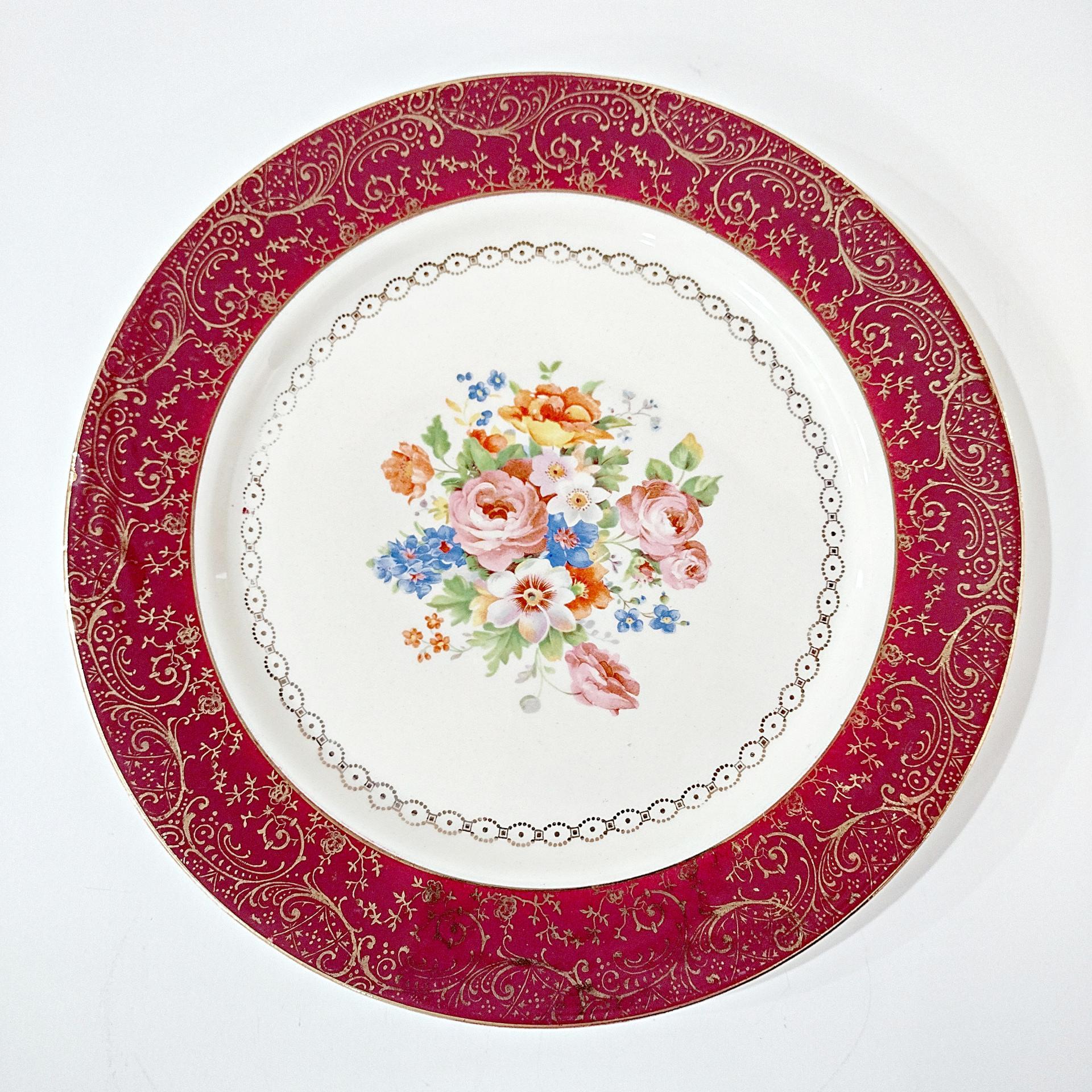 Vintage Southern Potteries Inc Royal Rajah Maroon Floral 22K Gold Dinner Plates, Set of 2