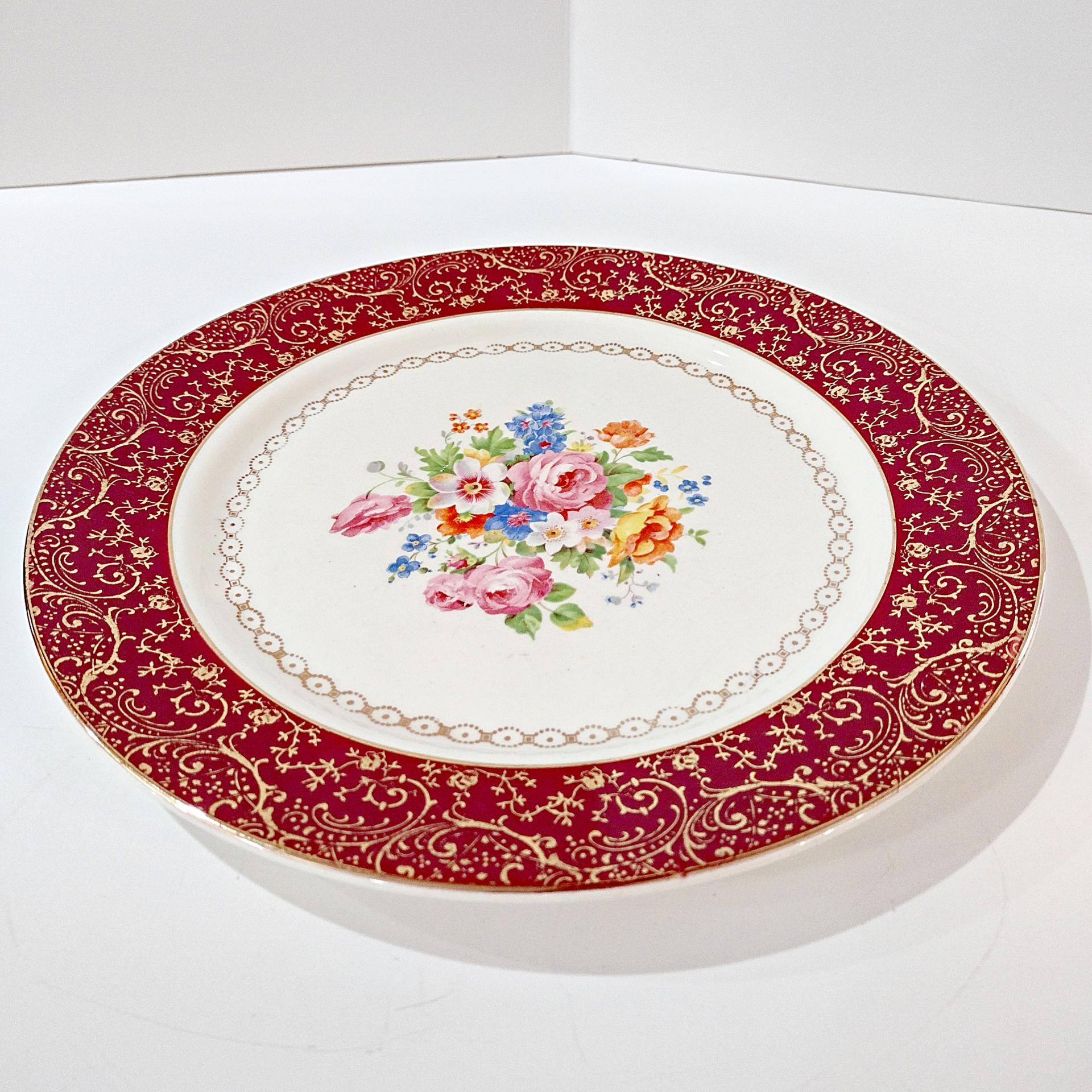 Vintage Southern Potteries Inc Royal Rajah Maroon Floral 22K Gold Dinner Plates, Set of 2