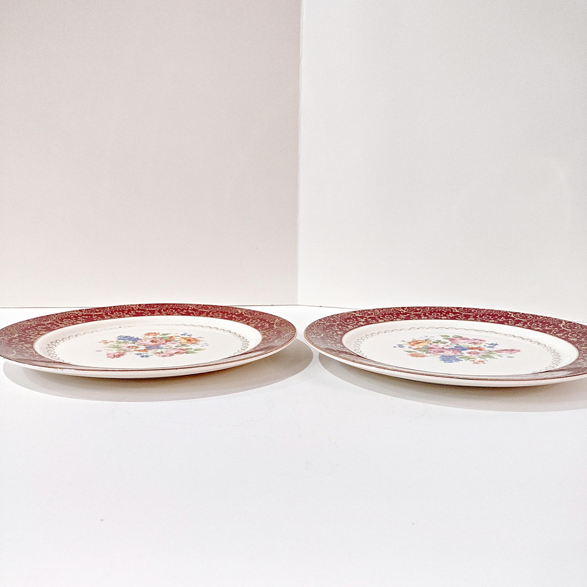 Vintage Southern Potteries Inc Royal Rajah Maroon Floral 22K Gold Dinner Plates, Set of 2