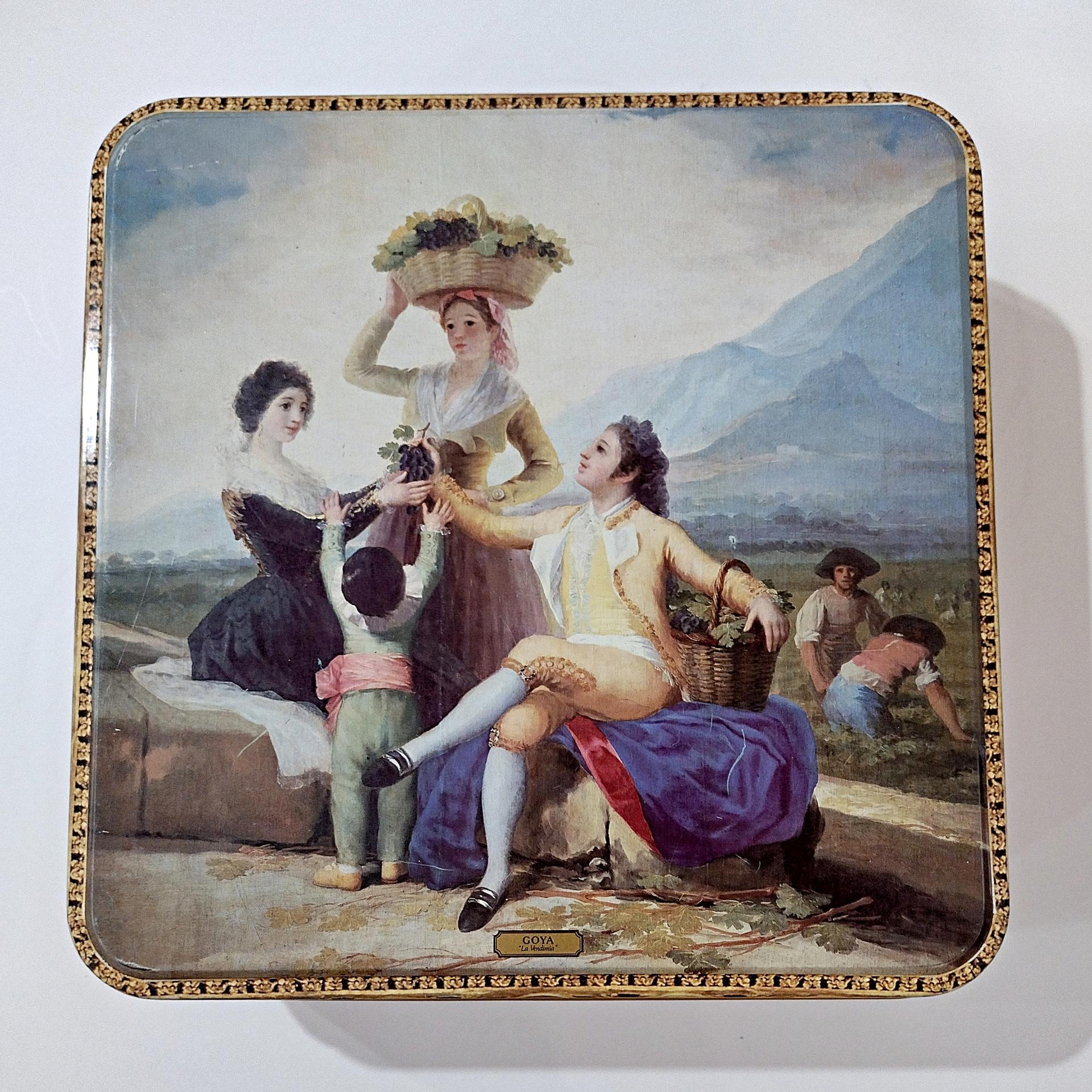 Vintage Francisco de Goya La Vendimia Large Square Tin Storage Container, Decorative Cookie Tin