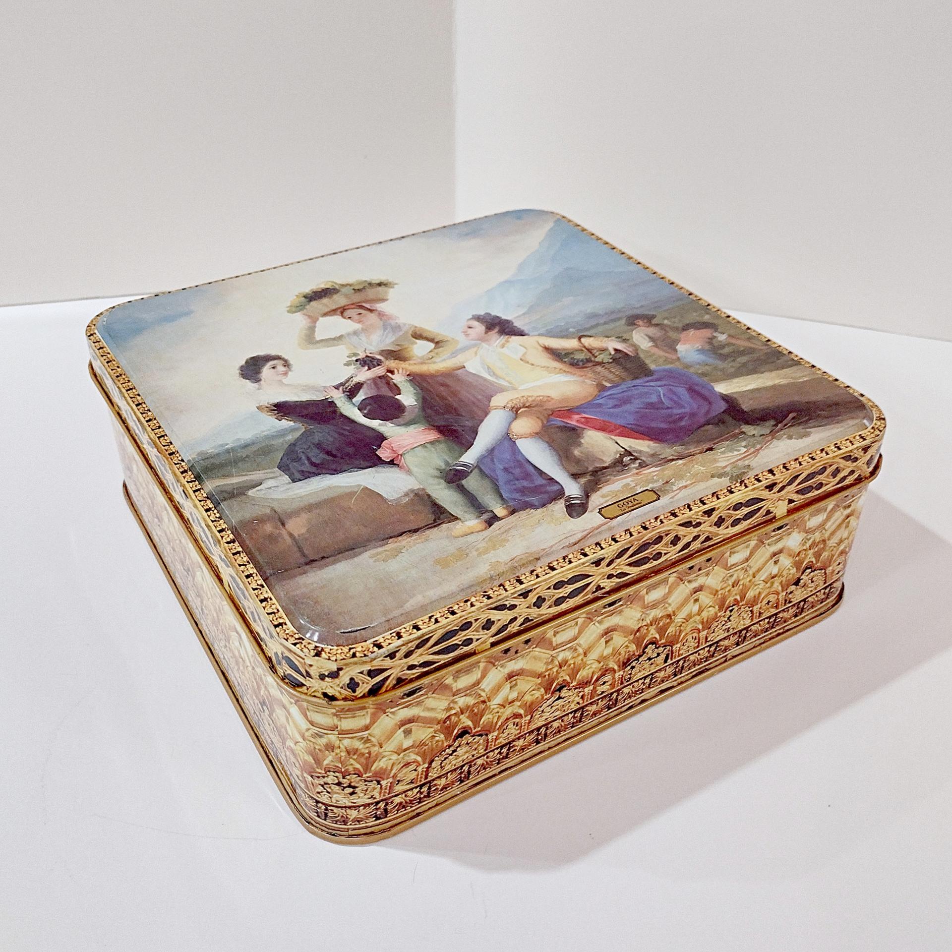 Vintage Francisco de Goya La Vendimia Large Square Tin Storage Container, Decorative Cookie Tin