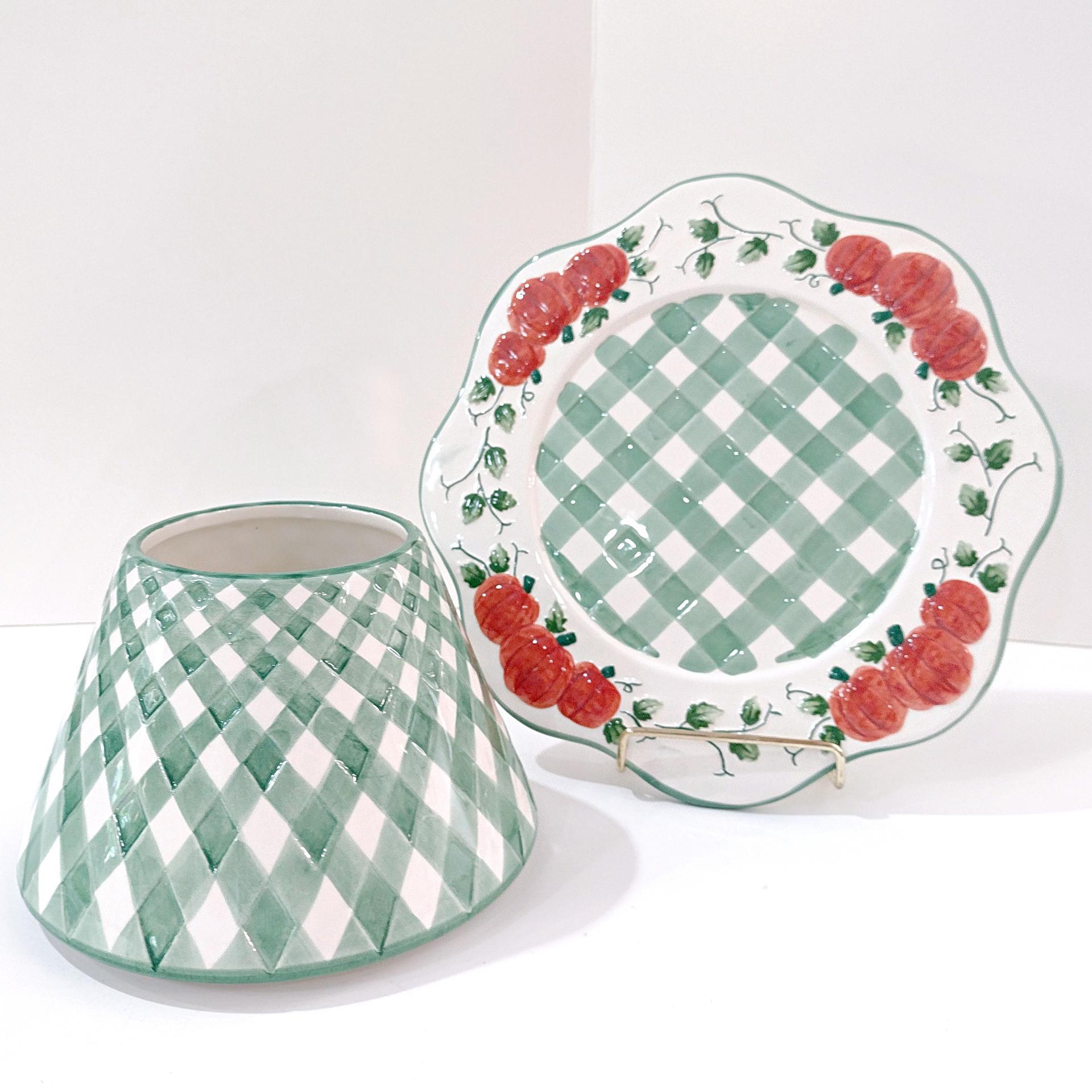 Vintage Green Gingham Plaid and Pumpkin Ceramic Jar Candle Shade and Plate Set, Fall Large Candle Topper