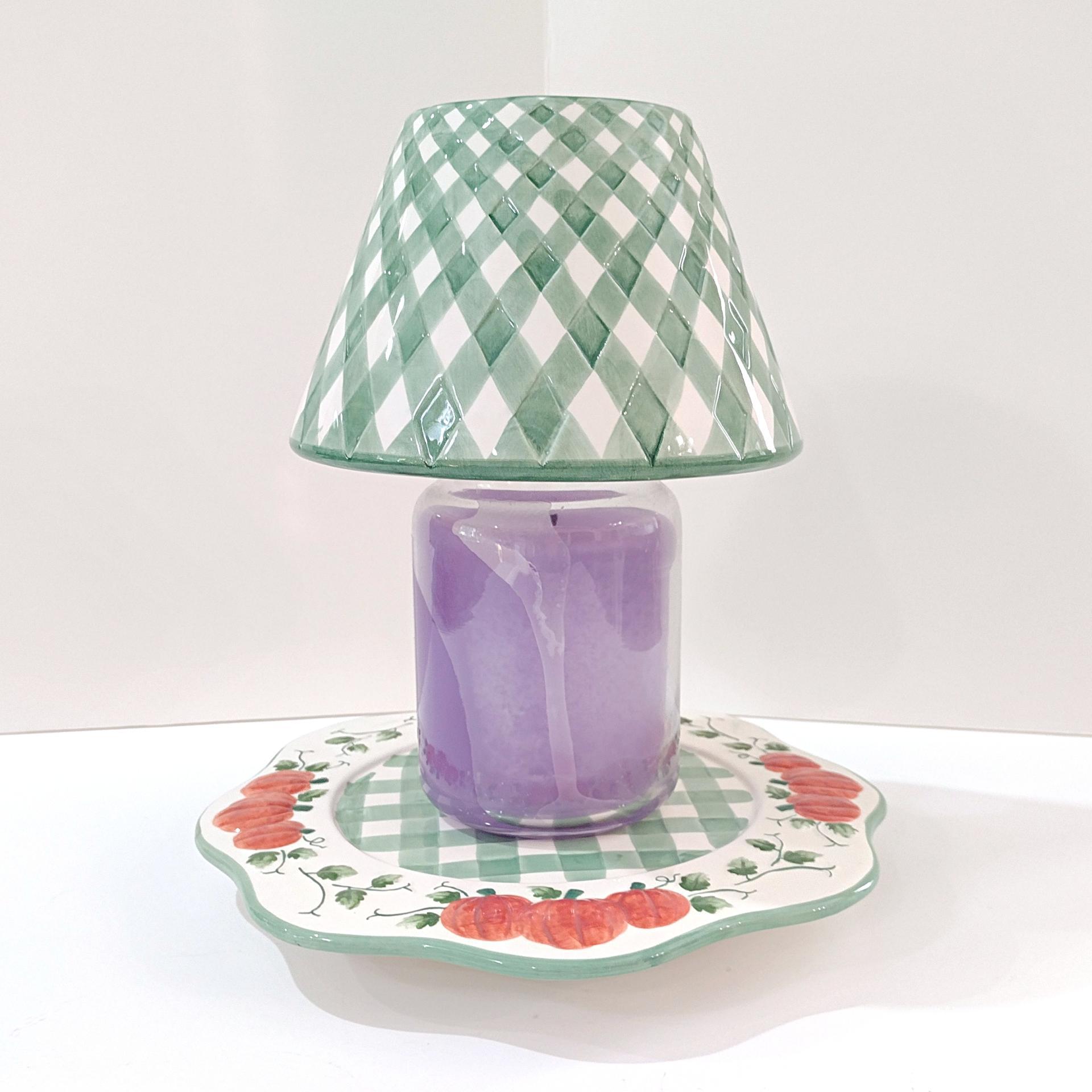Vintage Green Gingham Plaid and Pumpkin Ceramic Jar Candle Shade and Plate Set, Fall Large Candle Topper