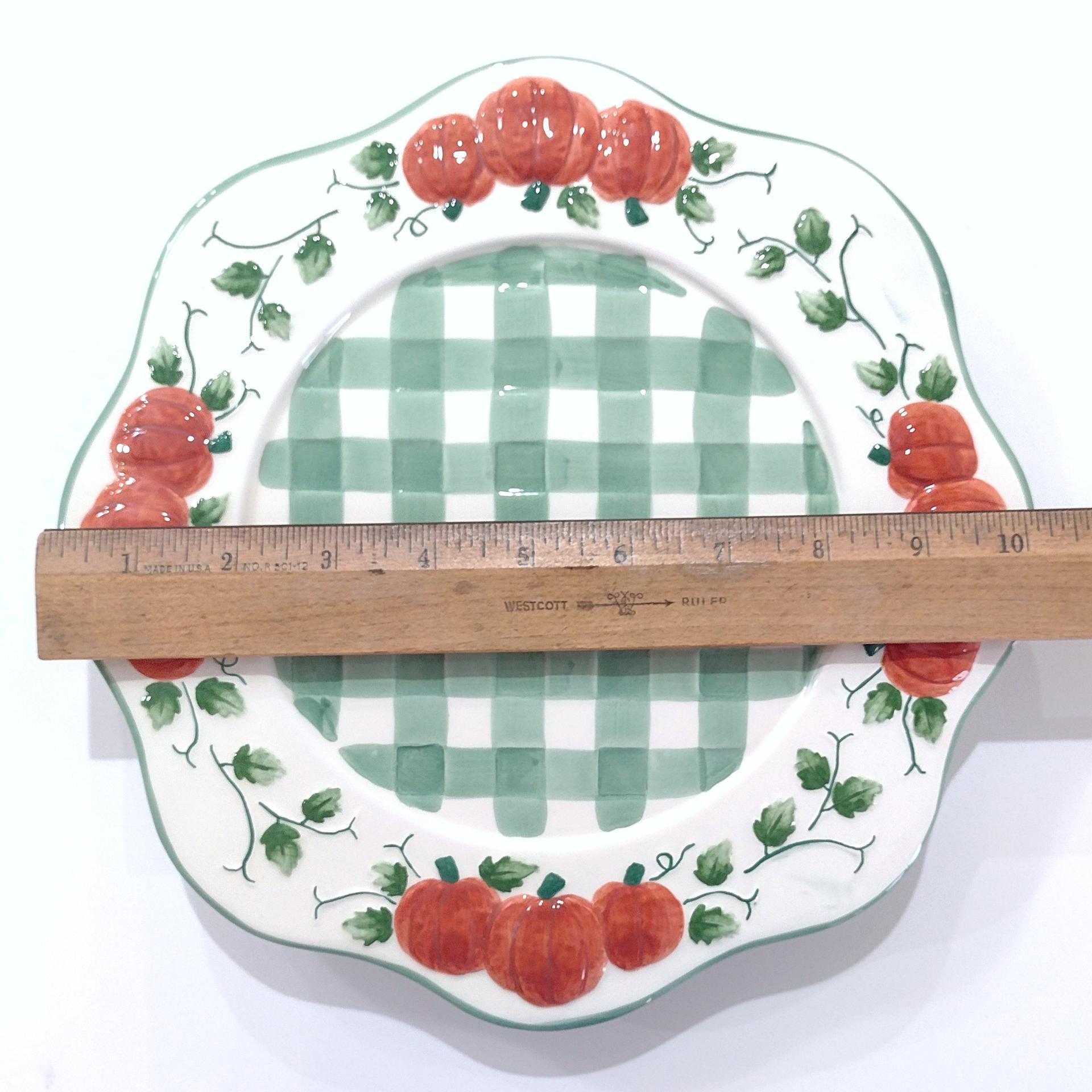 Vintage Green Gingham Plaid and Pumpkin Ceramic Jar Candle Shade and Plate Set, Fall Large Candle Topper