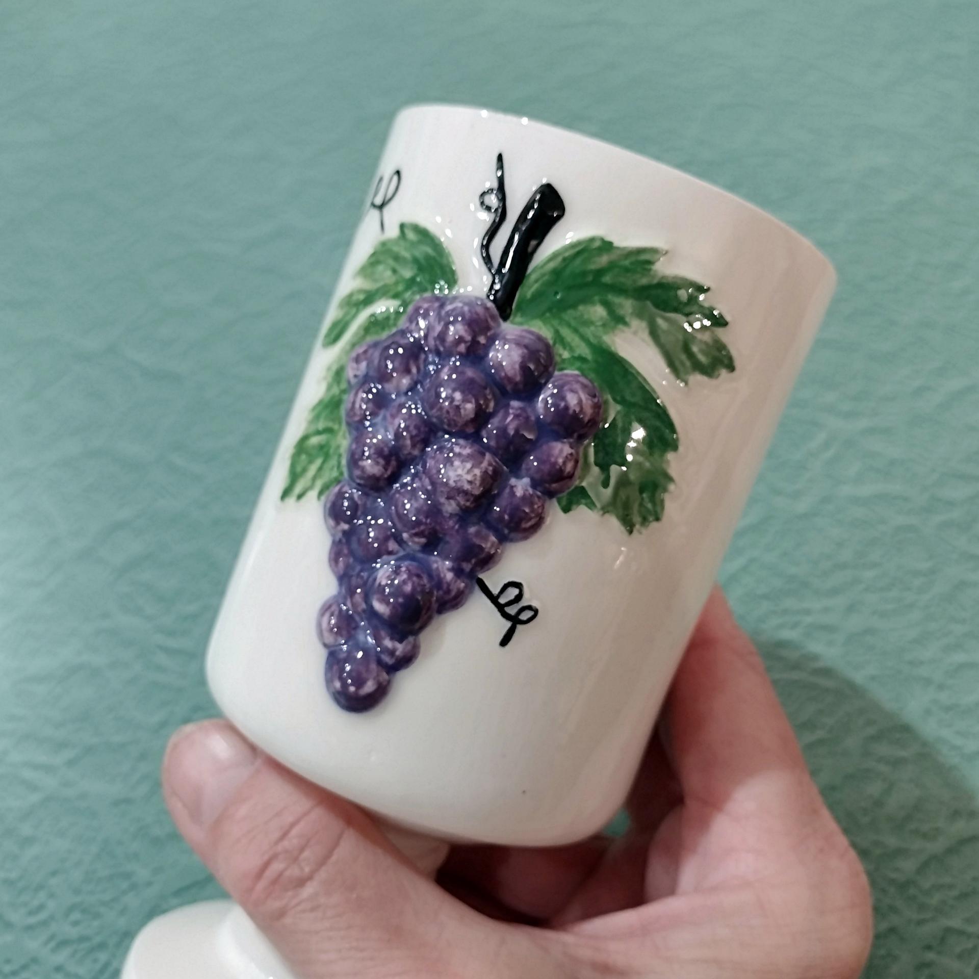 Vintage Hand Painted Ceramic Grape Cluster Goblets, Set of Two, Grape Wine Glasses Chalices