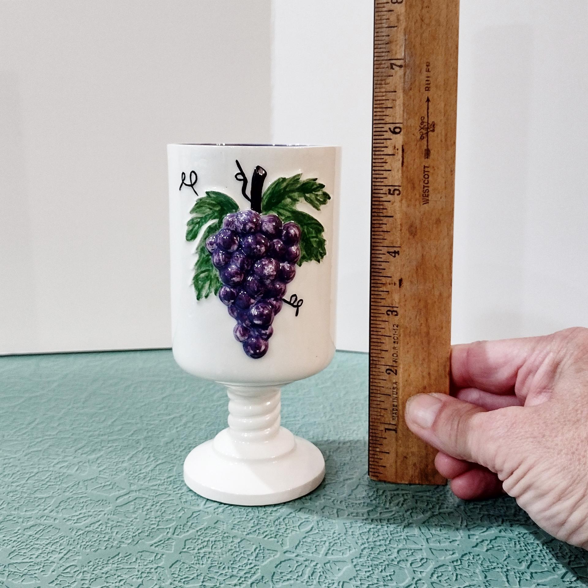 Vintage Hand Painted Ceramic Grape Cluster Goblets, Set of Two, Grape Wine Glasses Chalices