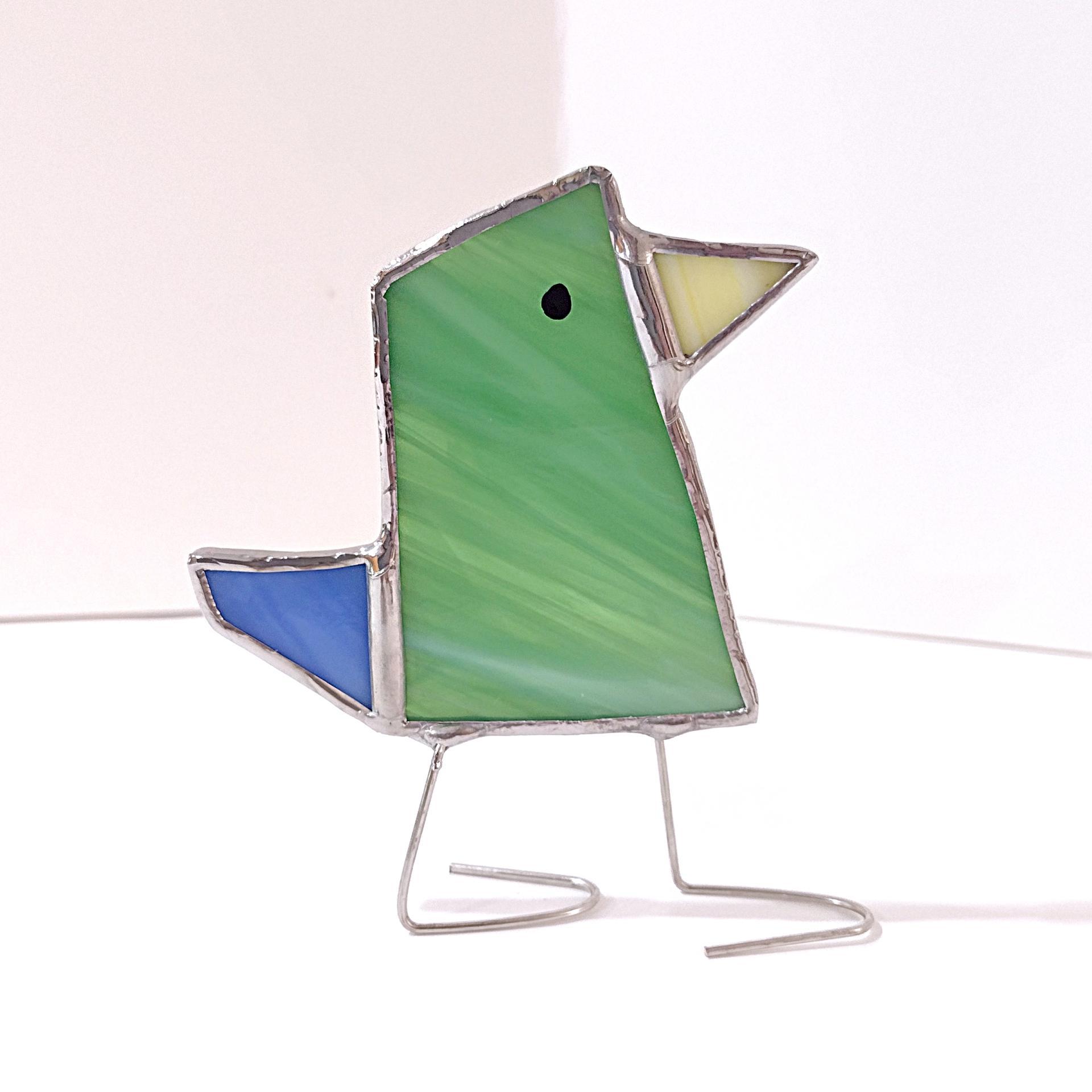 Stained Glass Standing Bird, Funky Green and Blue Glass Bird Suncatcher, Bird Lover Gift, Windowsill Sitter