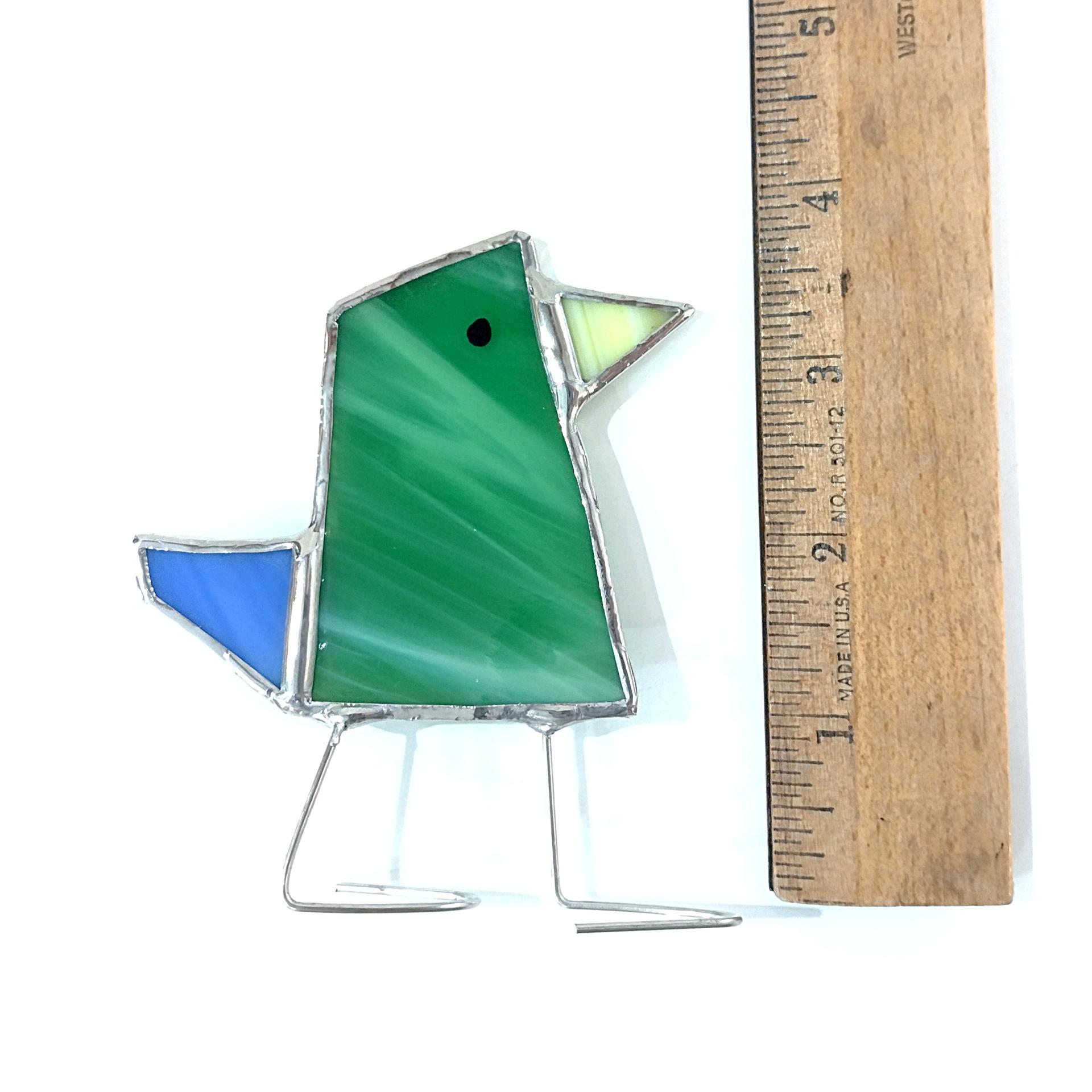 Stained Glass Standing Bird, Funky Green and Blue Glass Bird Suncatcher, Bird Lover Gift, Windowsill Sitter