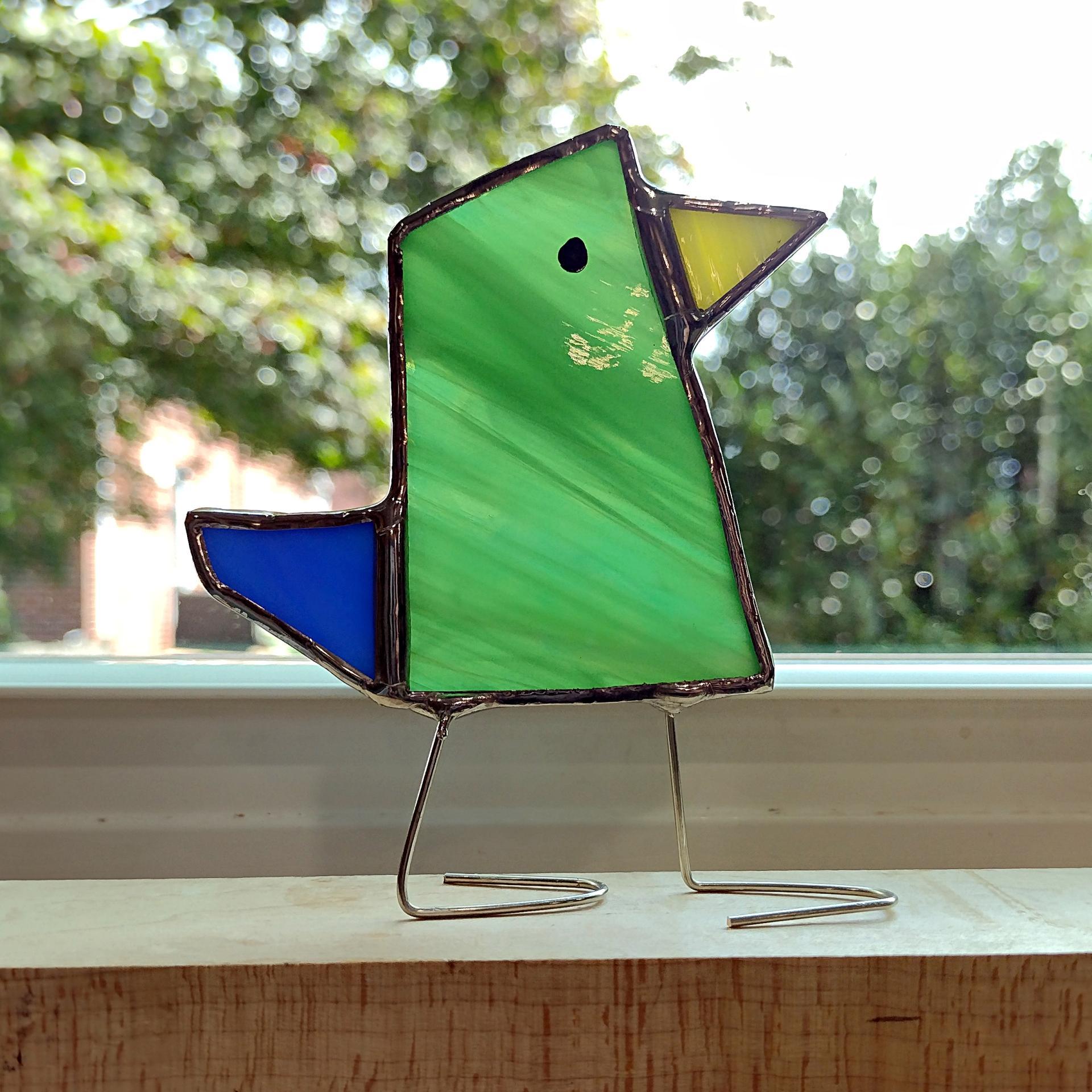 Stained Glass Standing Bird, Funky Green and Blue Glass Bird Suncatcher, Bird Lover Gift, Windowsill Sitter