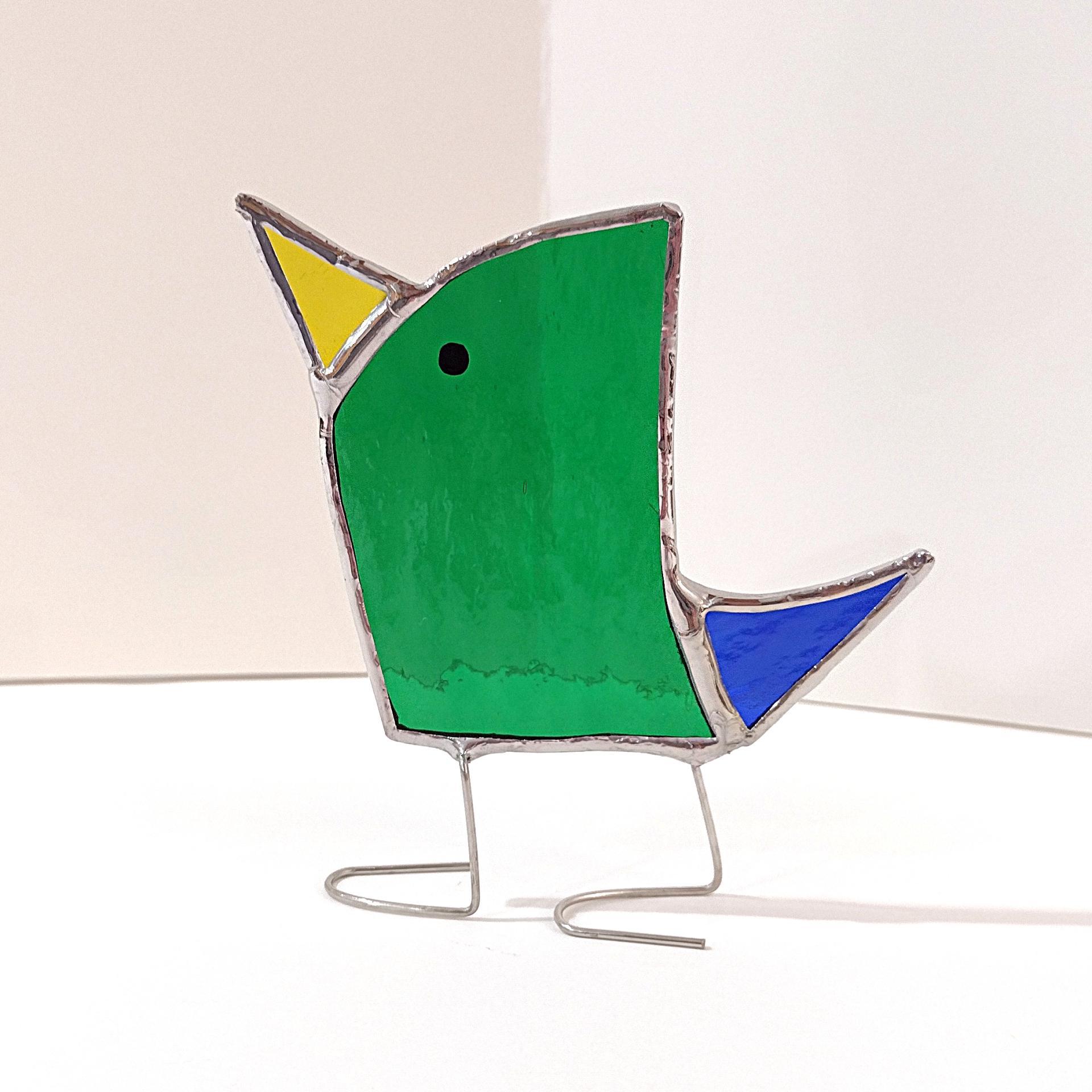 Stained Glass Standing Bird, Funky Green and Blue Glass Bird Suncatcher, Bird Lover Gift, Windowsill Sitter