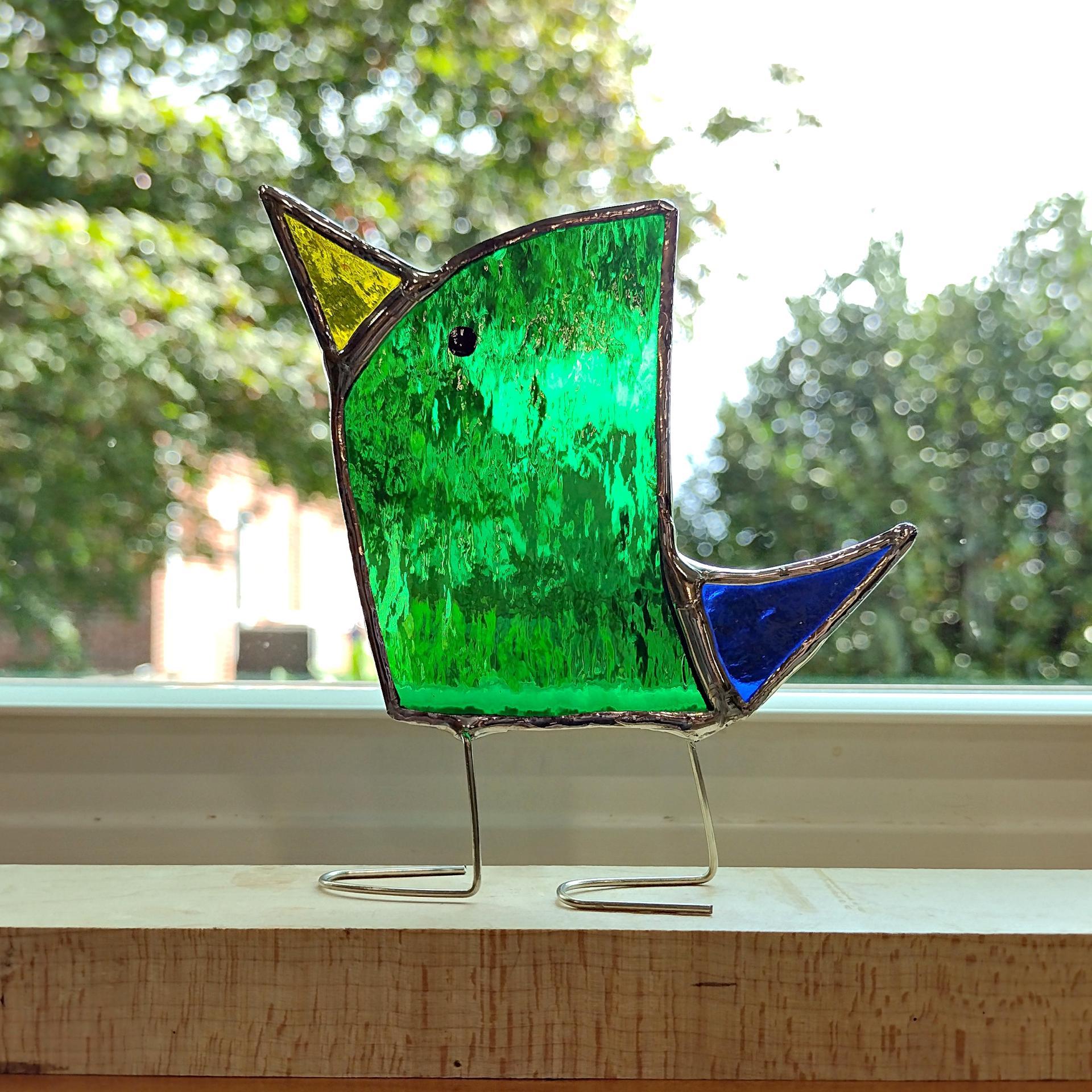 Stained Glass Standing Bird, Funky Green and Blue Glass Bird Suncatcher, Bird Lover Gift, Windowsill Sitter