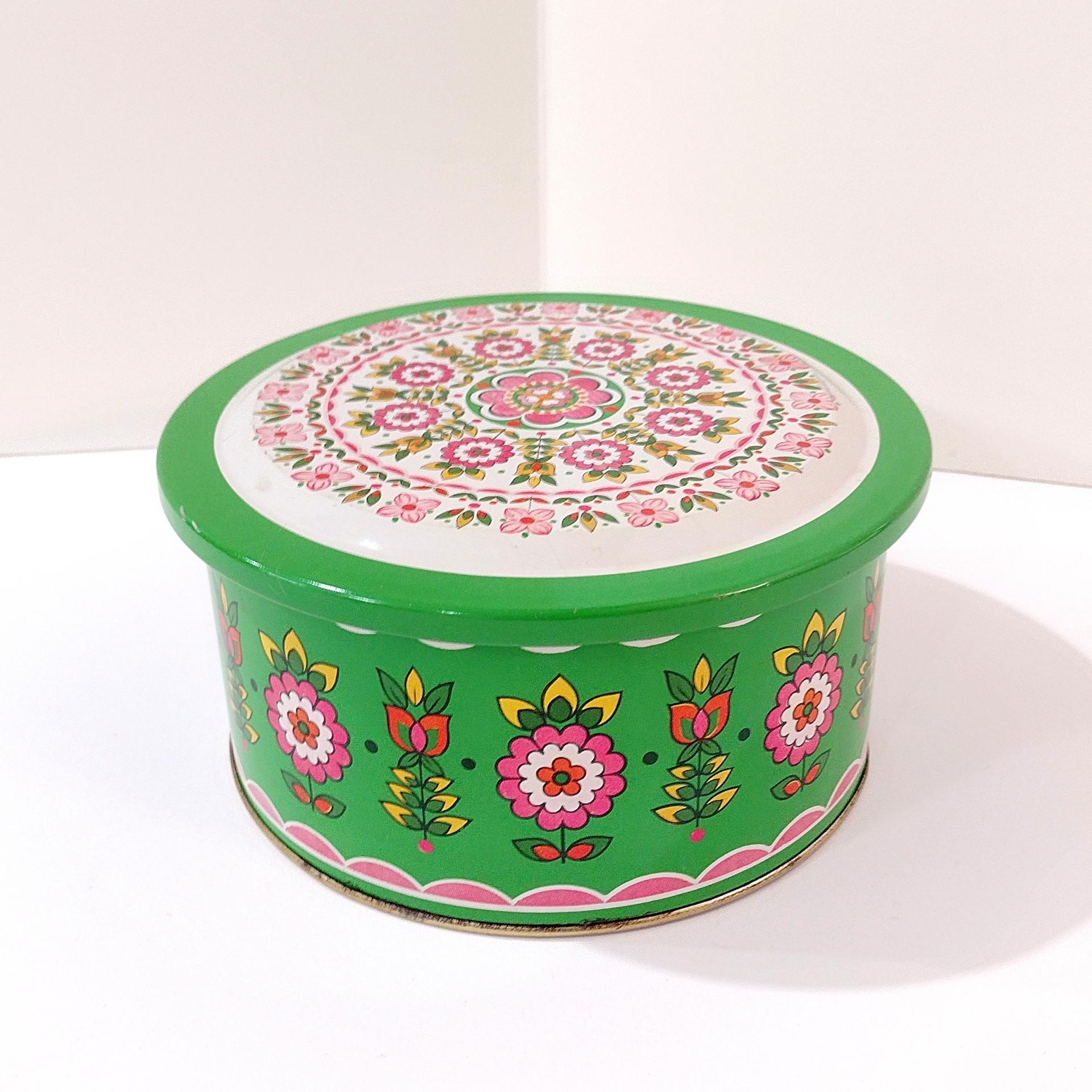 Vintage Green and Pink Mosaic Mandala Flowers Round Metal Tin Storage Container, Brazilian Floral Gift Tin