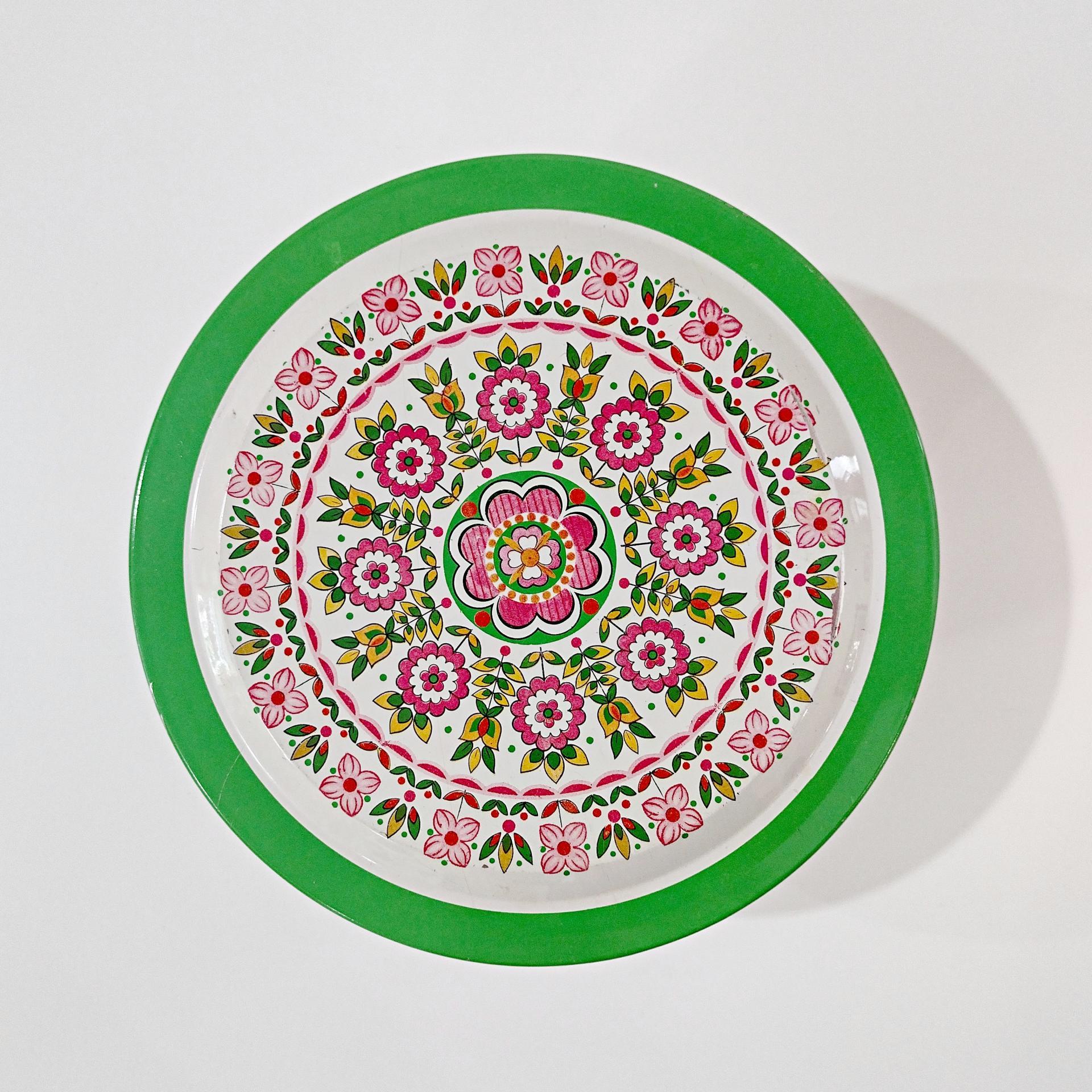 Vintage Green and Pink Mosaic Mandala Flowers Round Metal Tin Storage Container, Brazilian Floral Gift Tin
