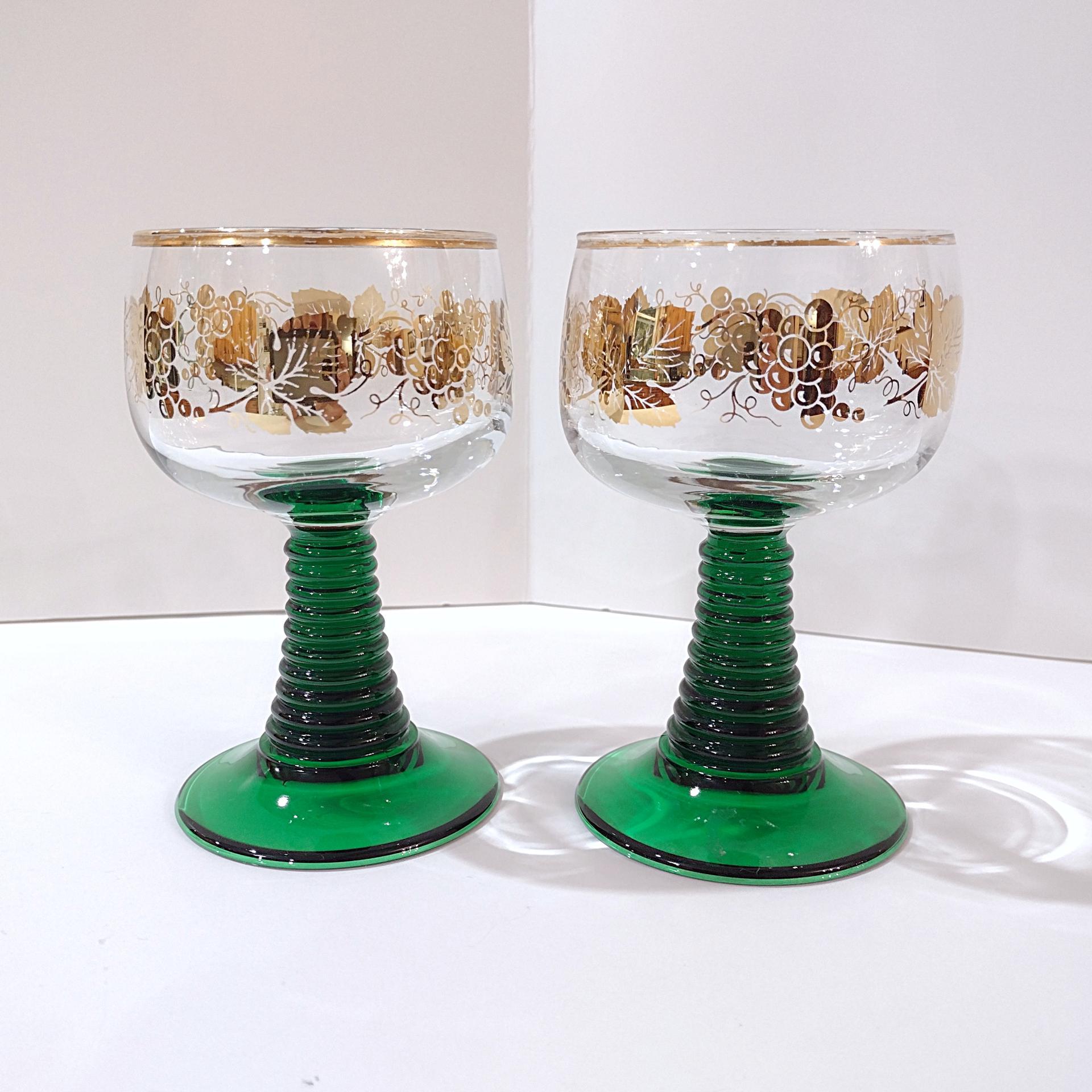 Vintage Green Roemer Wine Glasses with Gold Grapevine Design, Set of 2,  Beehive German Roemer Coupe Wine Glass