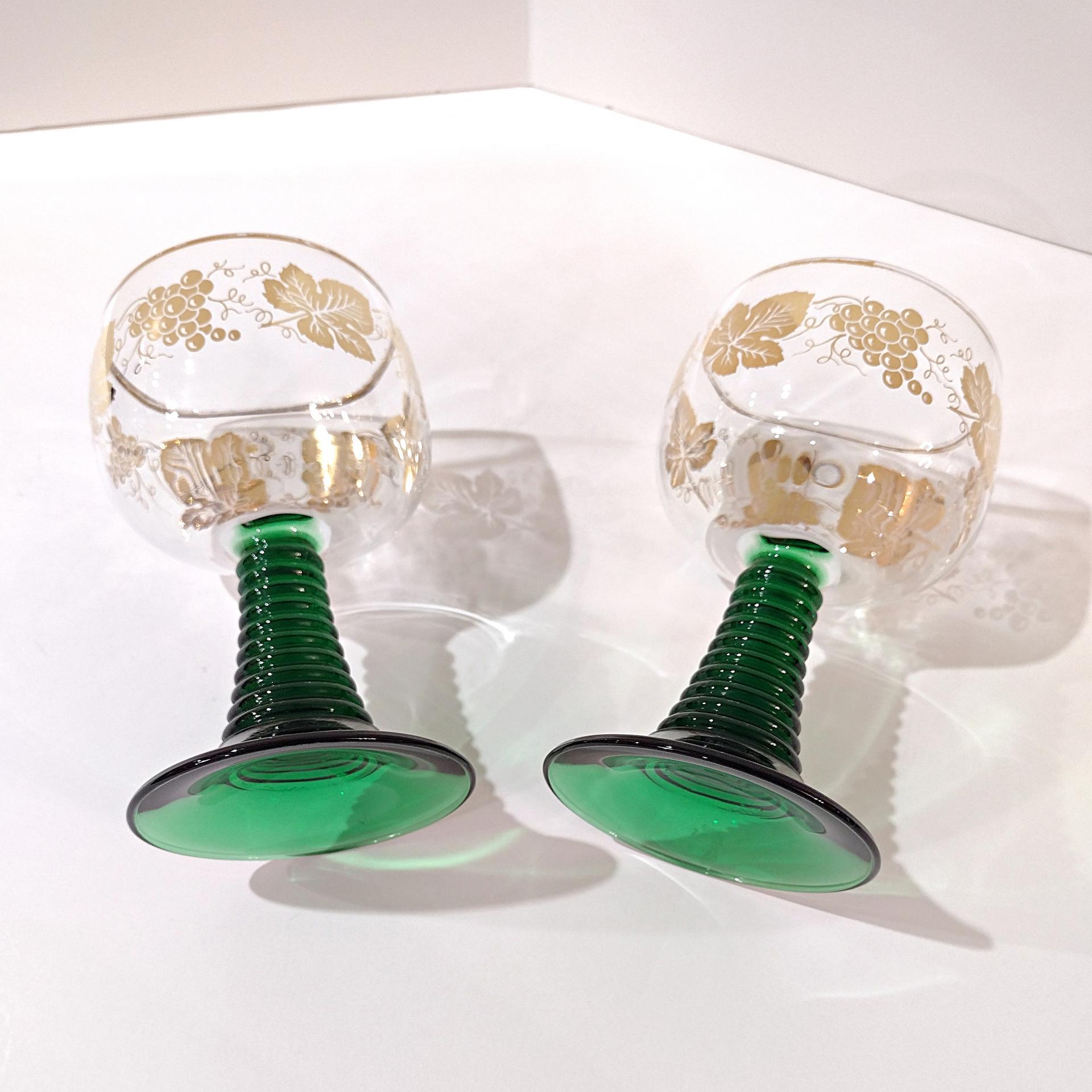 Vintage Green Roemer Wine Glasses with Gold Grapevine Design, Set of 2,  Beehive German Roemer Coupe Wine Glass
