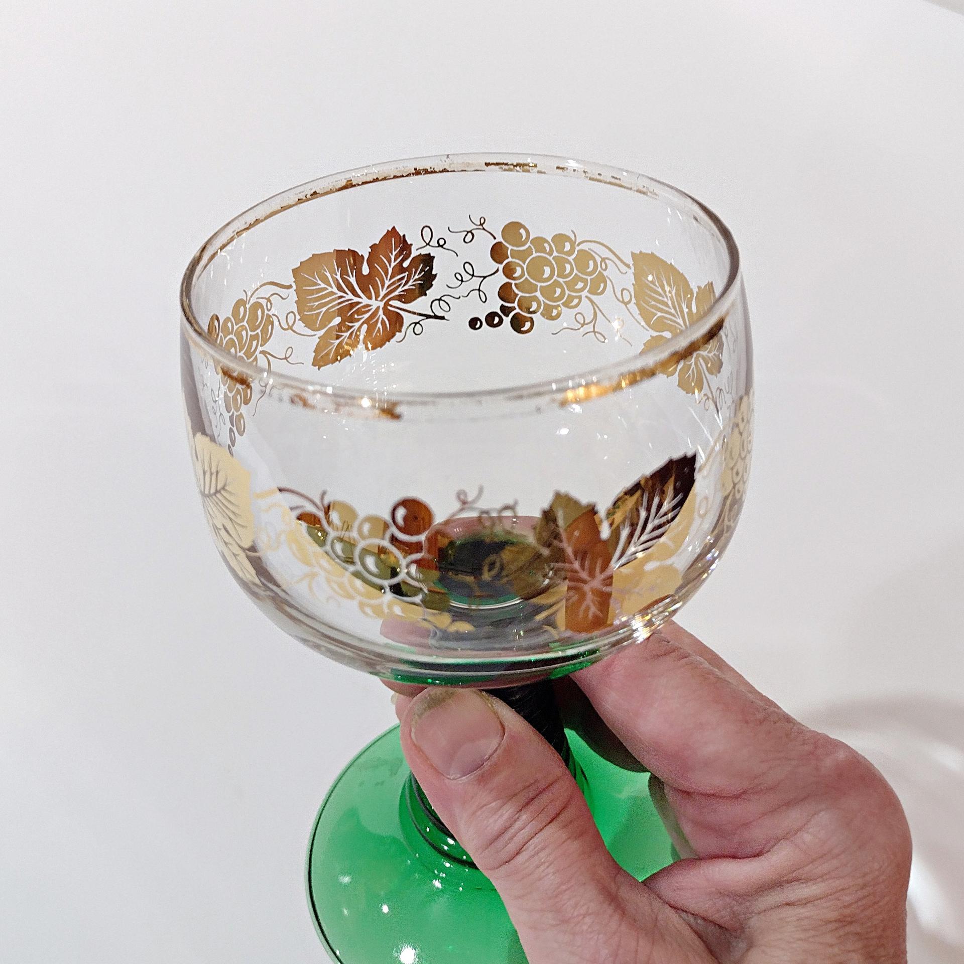 Vintage Green Roemer Wine Glasses with Gold Grapevine Design, Set of 2,  Beehive German Roemer Coupe Wine Glass