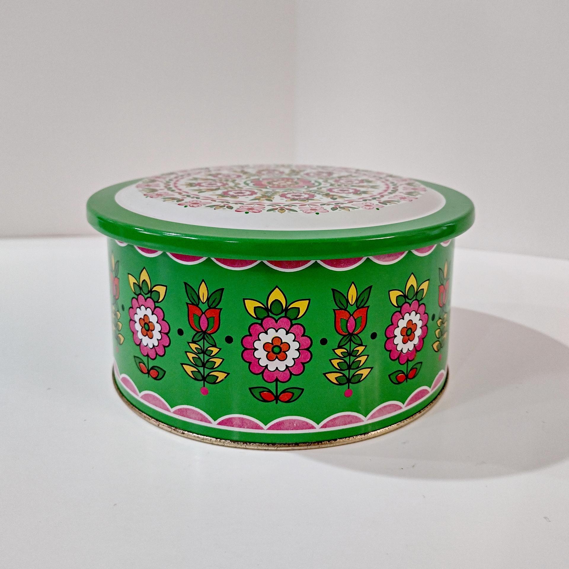 Vintage Green and Pink Mosaic Mandala Flowers Round Metal Tin Storage Container, Brazilian Floral Gift Tin