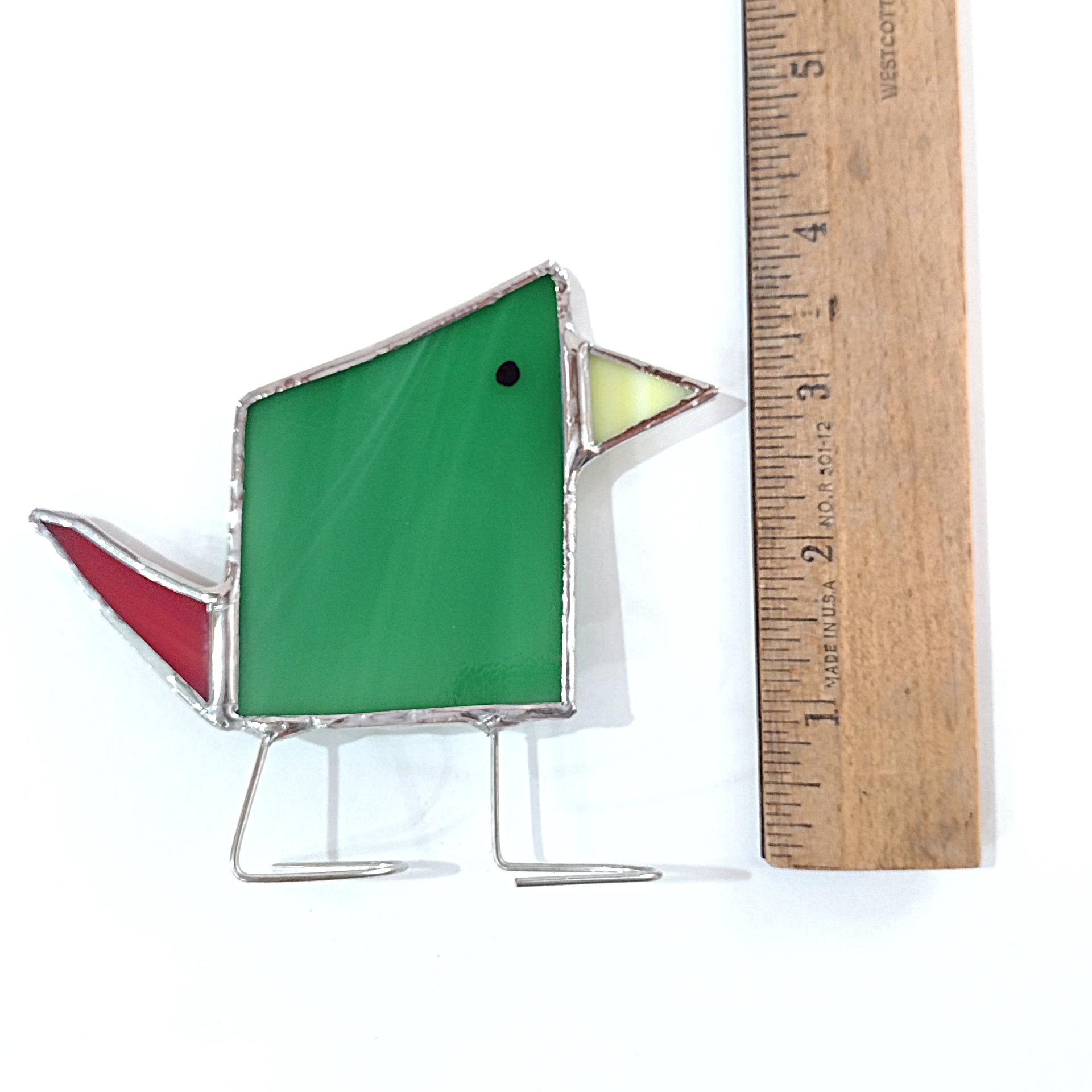 Stained Glass Standing Bird, Funky Green and Red Glass Bird Suncatcher, Bird Lover Gift, Windowsill Sitter