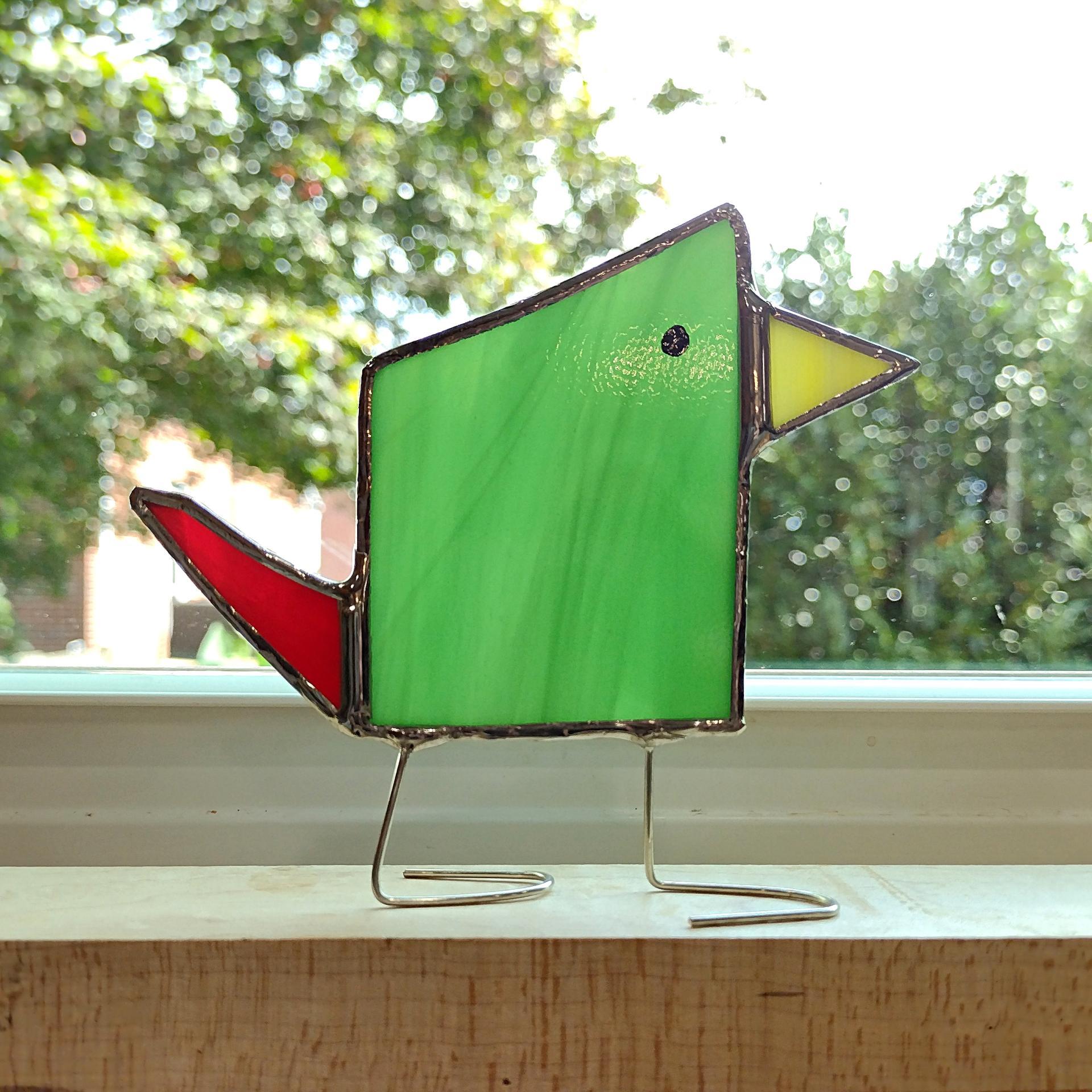 Stained Glass Standing Bird, Funky Green and Red Glass Bird Suncatcher, Bird Lover Gift, Windowsill Sitter