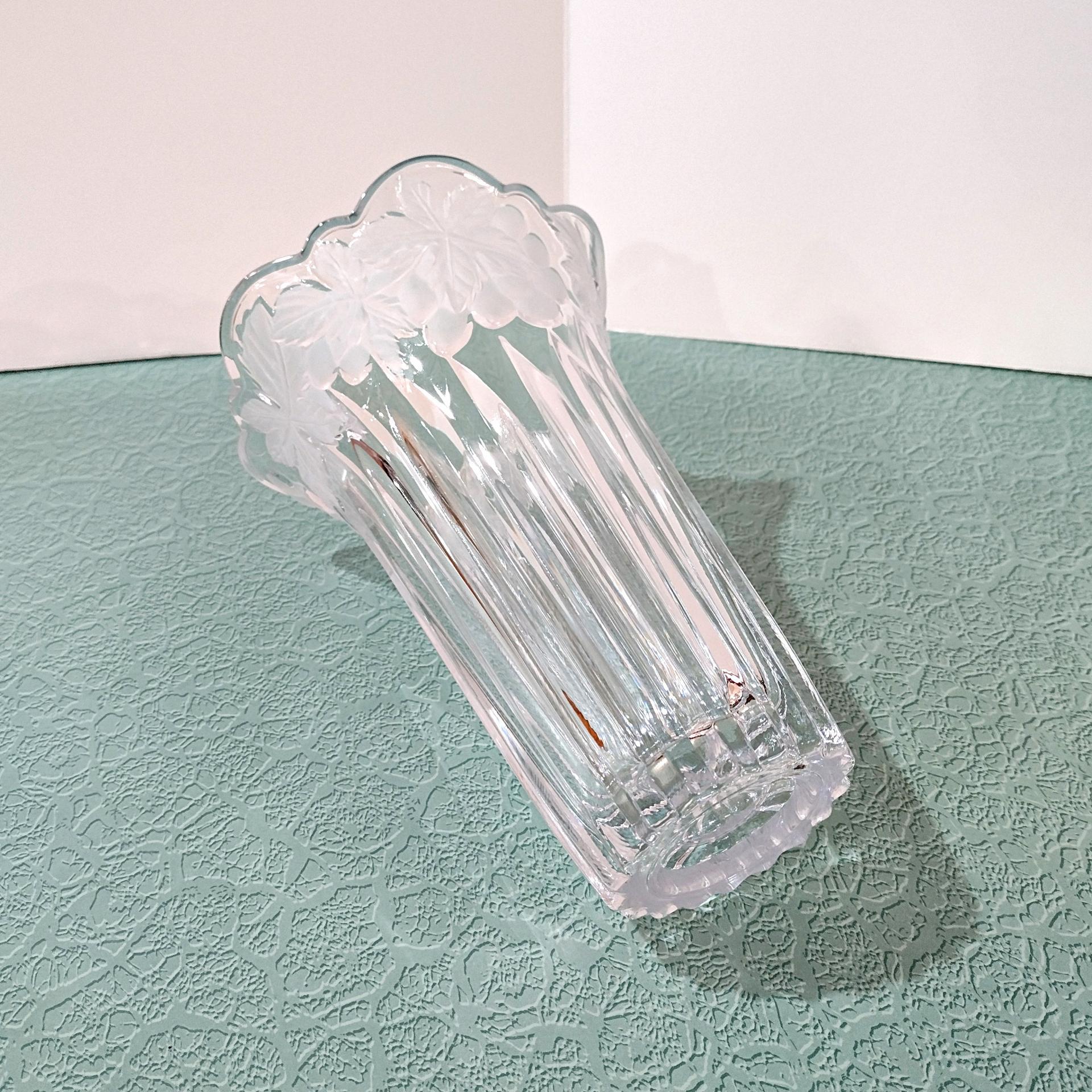 Vintage Crystal 8 Inch Vase With Grapevine Floral Frosted Design