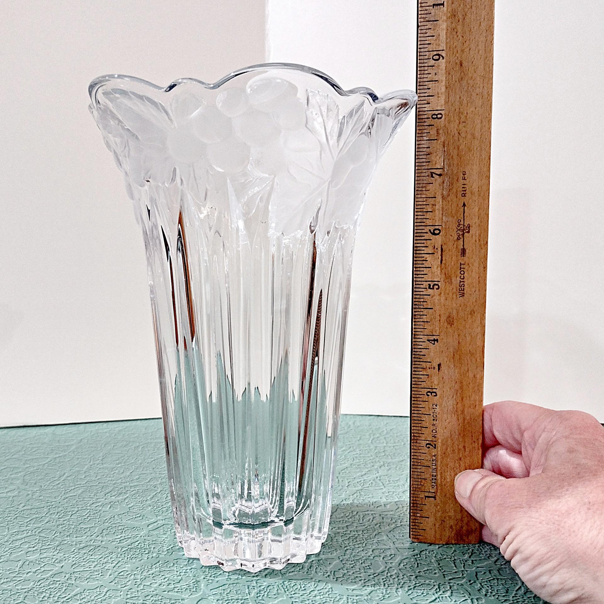 Vintage Crystal 8 Inch Vase With Grapevine Floral Frosted Design
