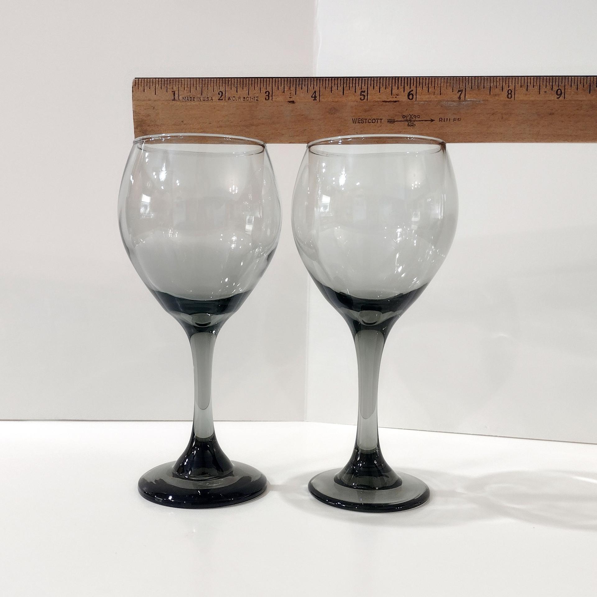 Vintage Smoky Gray Wine Glasses, Set of Two, Large 12 Ounce Wine Goblets, Hand Blown Burgundy Wine Glasses