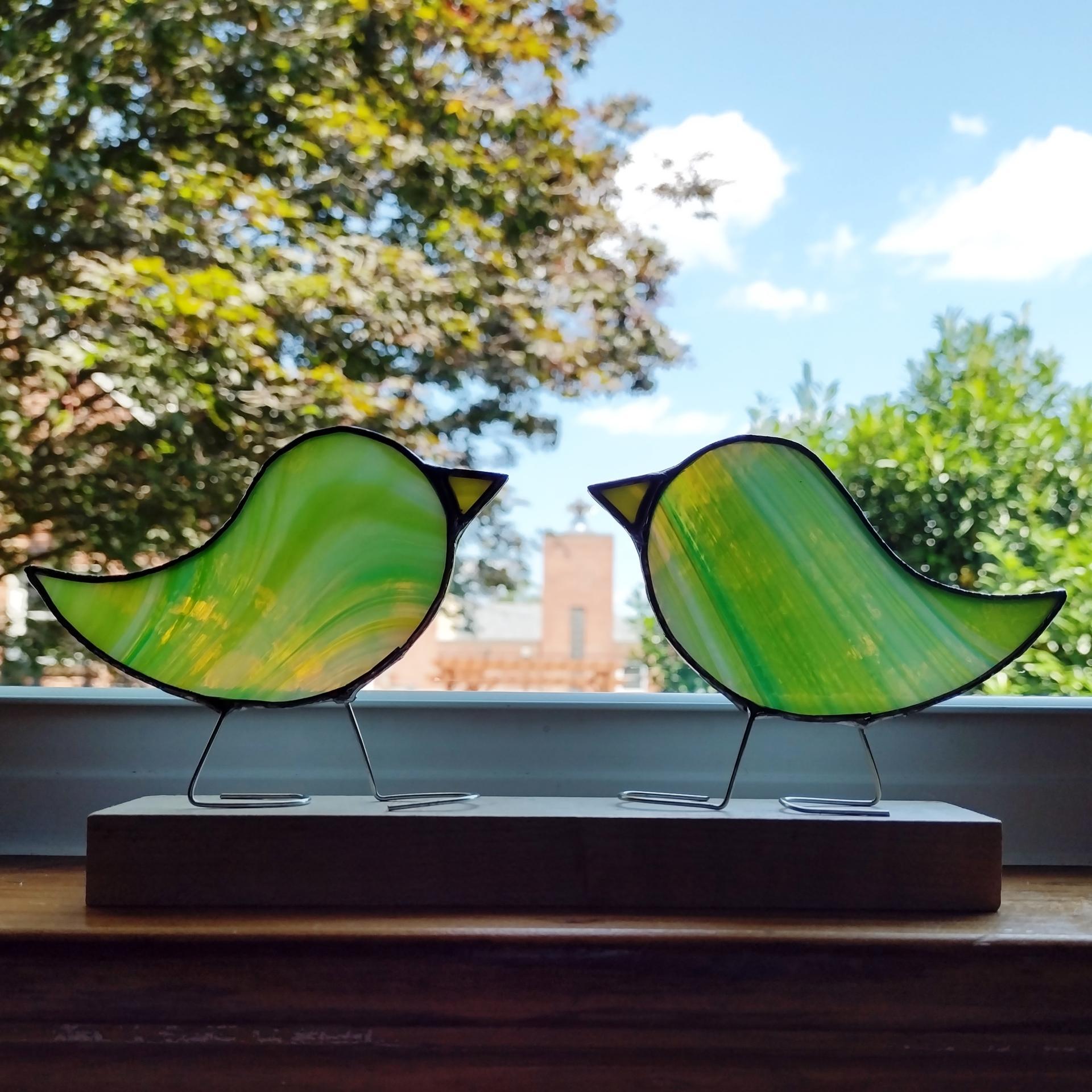 Green Swirled Stained Glass Free Standing Birds, Set of Two