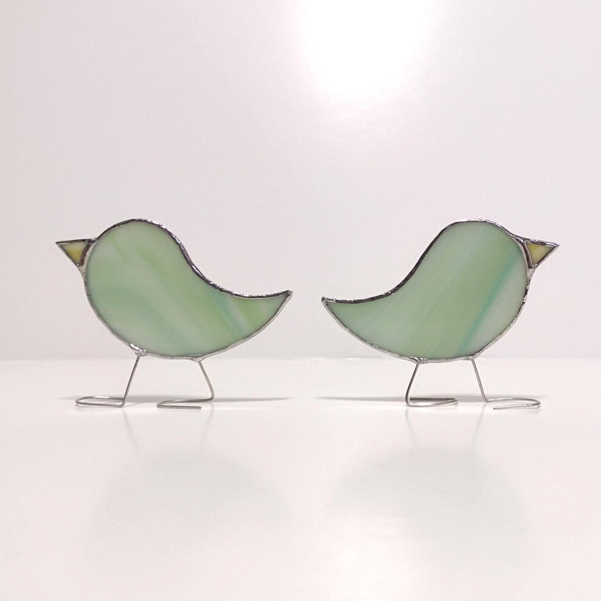 Green Swirled Stained Glass Free Standing Birds, Set of Two