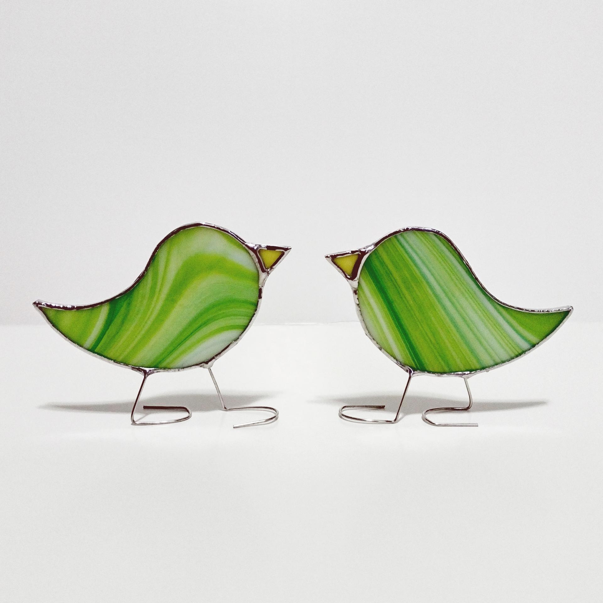 Green Swirled Stained Glass Free Standing Birds, Set of Two