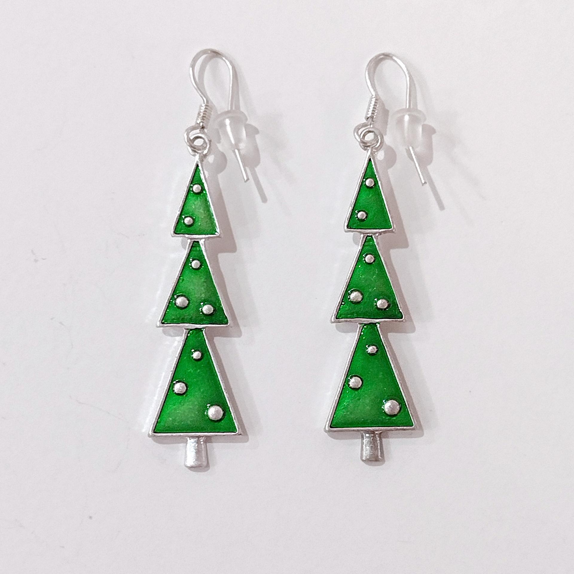 Vintage Green and Silver Enamel Christmas Tree Drop Dangle Earrings, Holiday Jewelry