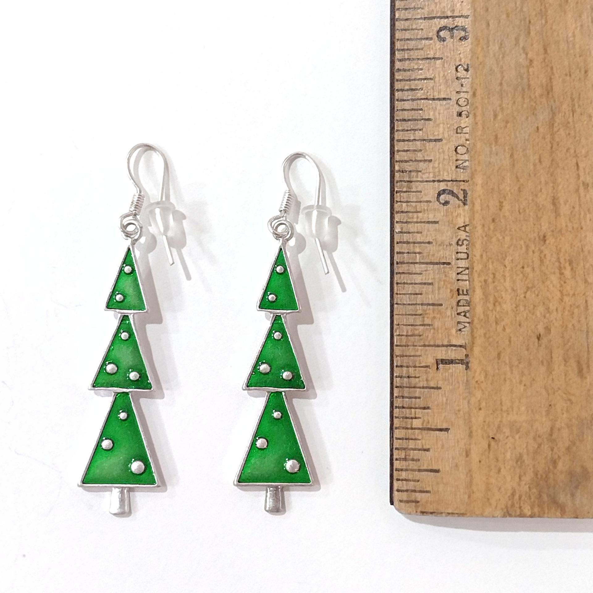 Vintage Green and Silver Enamel Christmas Tree Drop Dangle Earrings, Holiday Jewelry