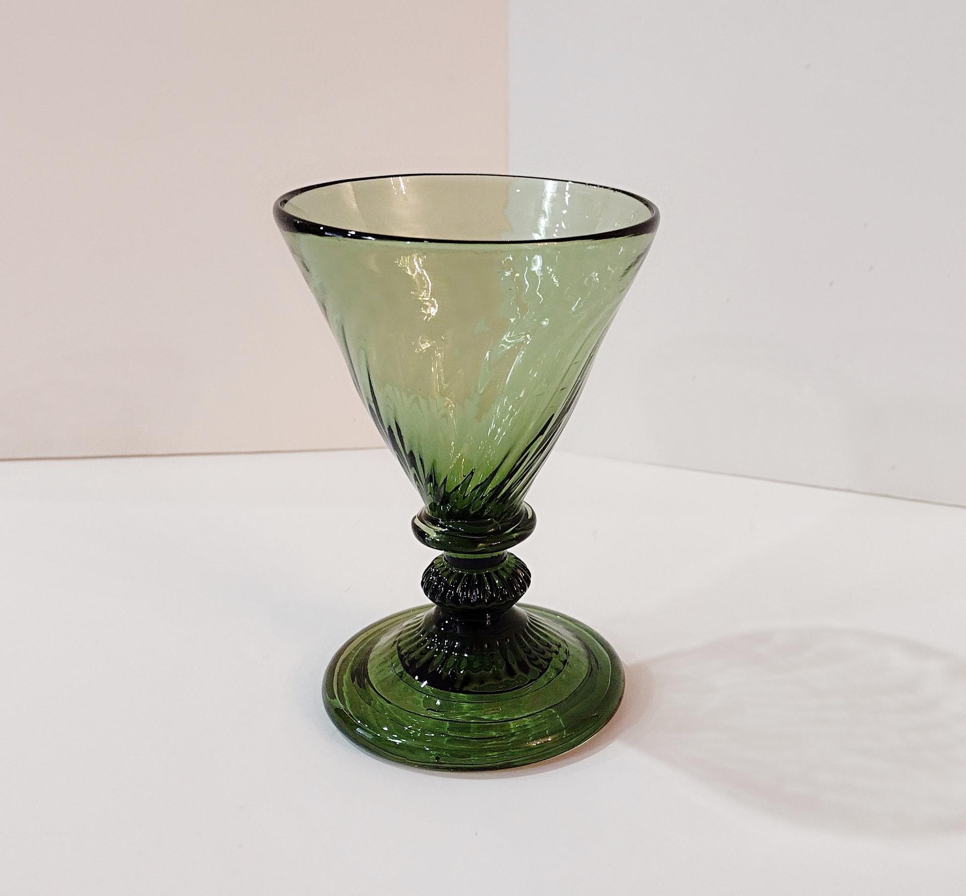 Vintage Hand Blown Green Swirl Wine Glass, Jamestown Glasshouse Reproduction
