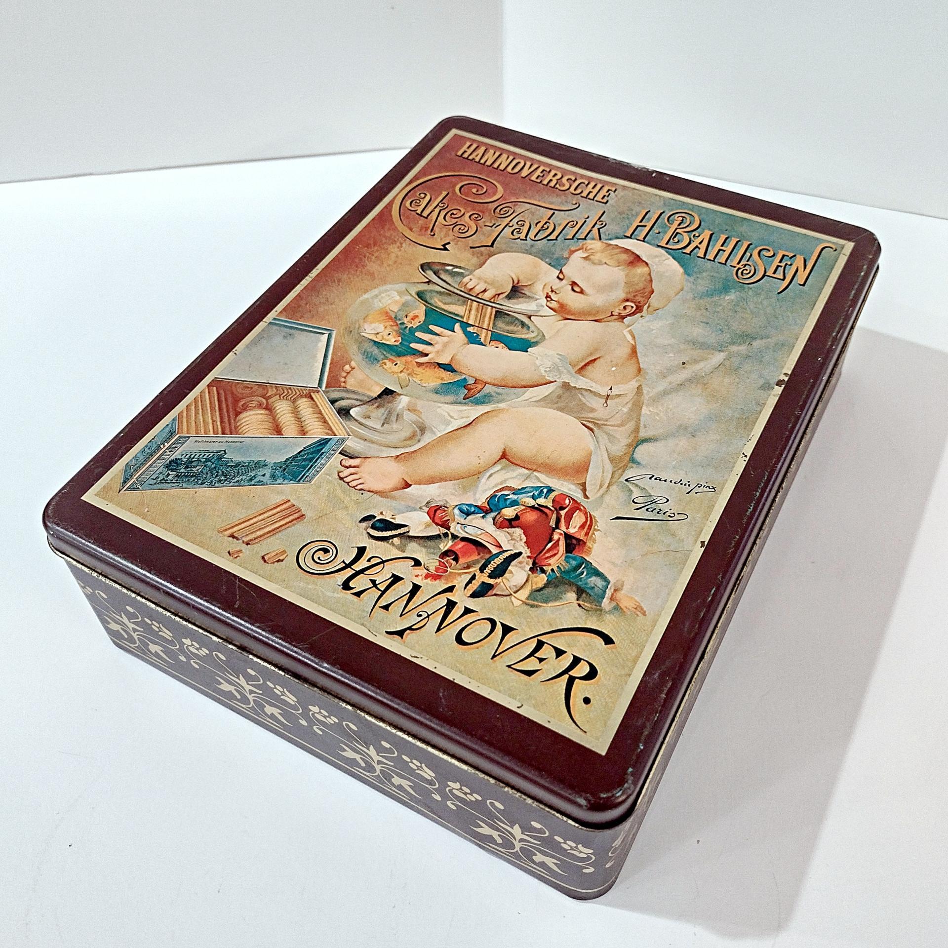Vintage Hannoversche Cakes-Fabrik Hinged Tin Box, Retro German H. Bahlsen Advertising Metal Tin Container