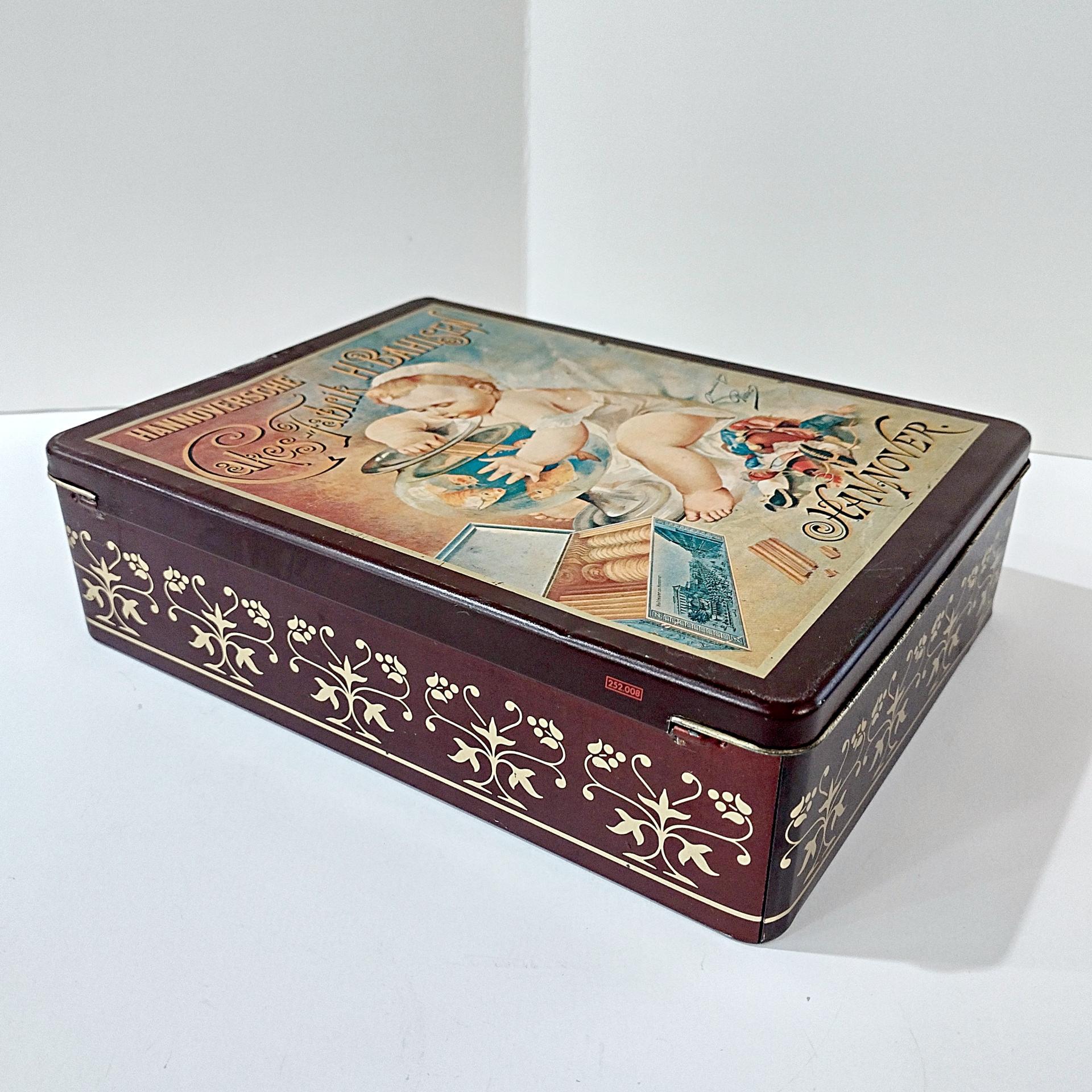 Vintage Hannoversche Cakes-Fabrik Hinged Tin Box, Retro German H. Bahlsen Advertising Metal Tin Container