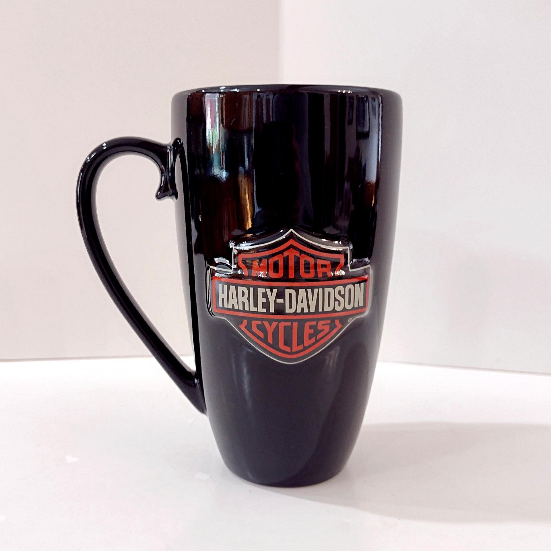 Vintage Harley Davidson Black Ceramic Mug with HD Banner Roses Thorns and Bar Shield Sculpted Embossed Design