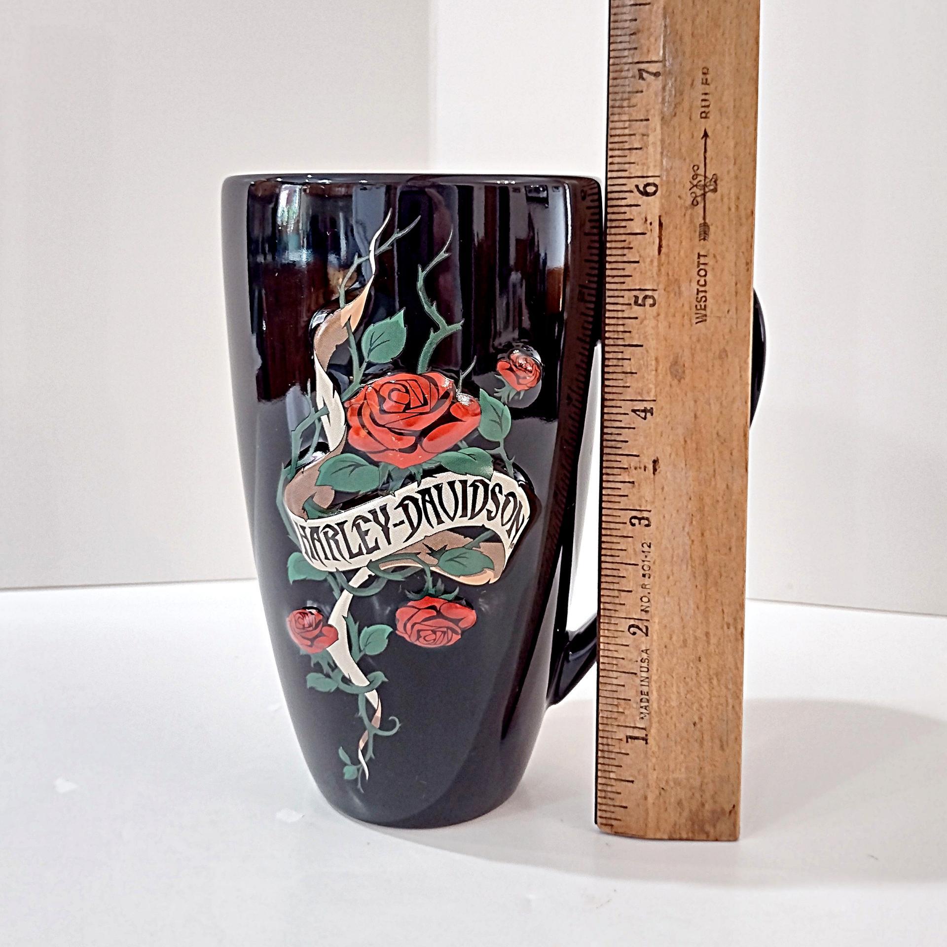 Vintage Harley Davidson Black Ceramic Mug with HD Banner Roses Thorns and Bar Shield Sculpted Embossed Design
