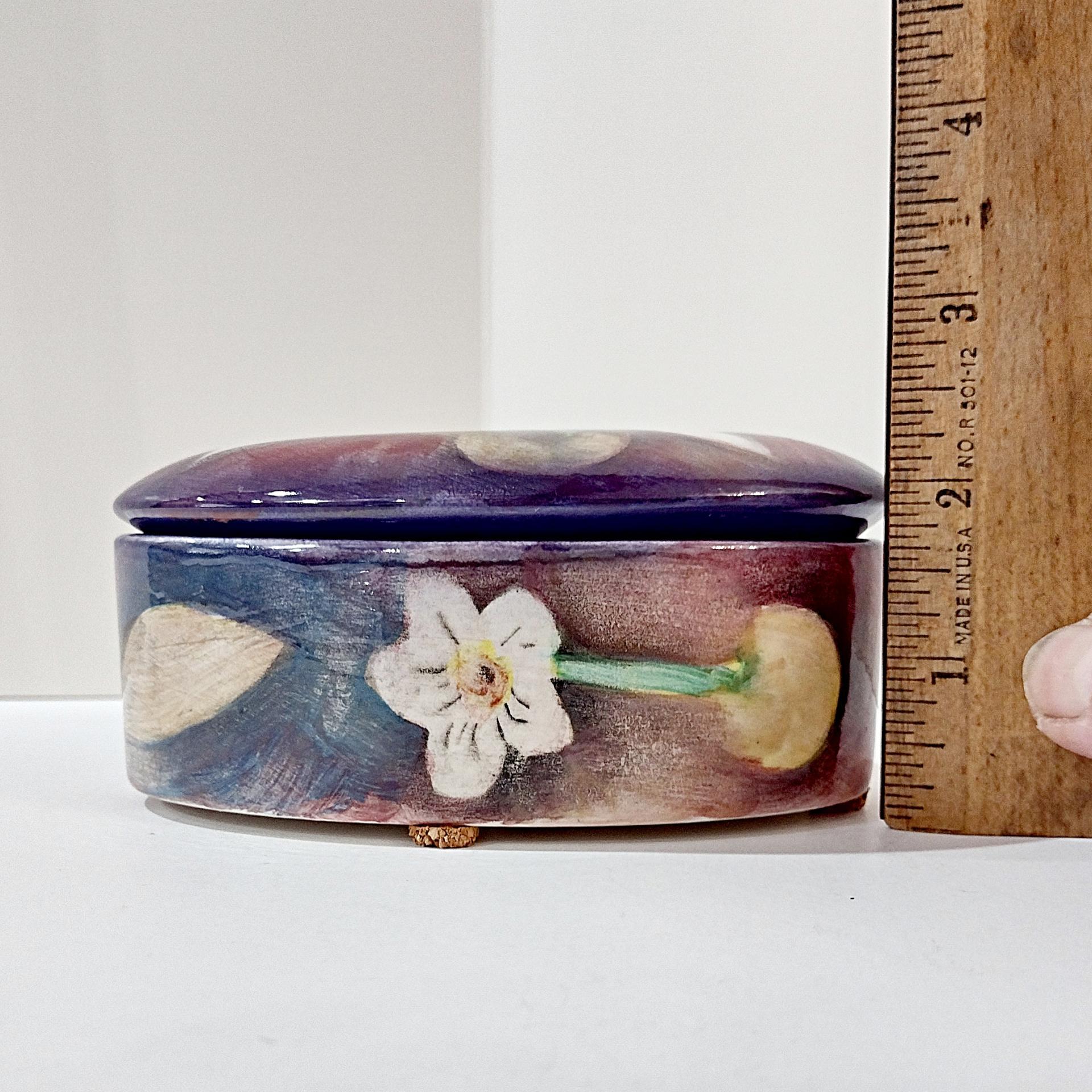 Vintage Signed Harris Cies Covered Ceramic Trinket Jewelry Dish with Floral Design, Post Modern Studio Pottery