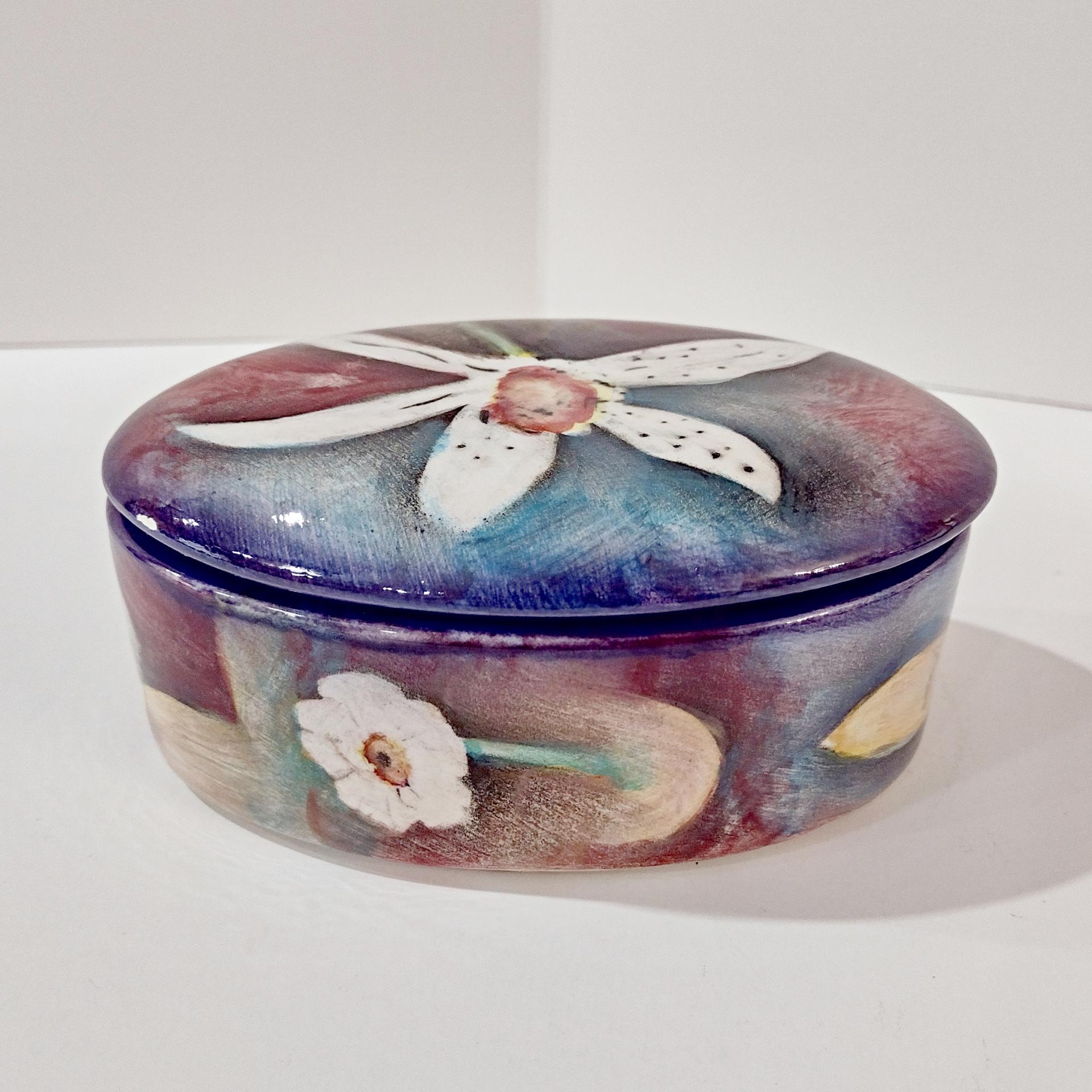 Vintage Signed Harris Cies Covered Ceramic Trinket Jewelry Dish with Floral Design, Post Modern Studio Pottery