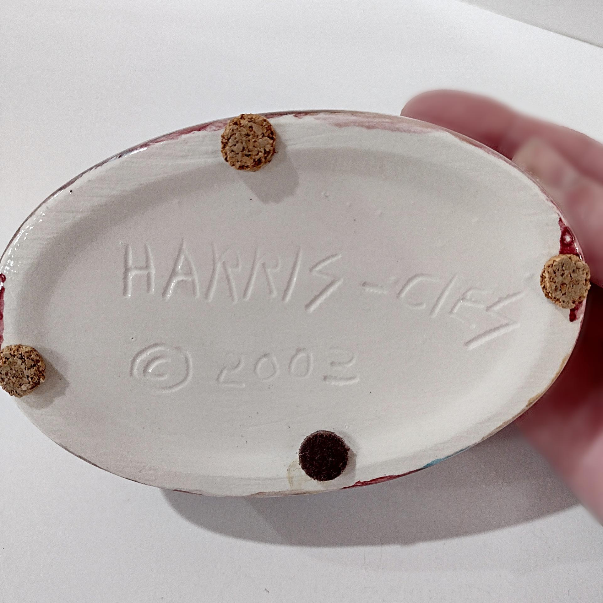 Vintage Signed Harris Cies Covered Ceramic Trinket Jewelry Dish with Floral Design, Post Modern Studio Pottery