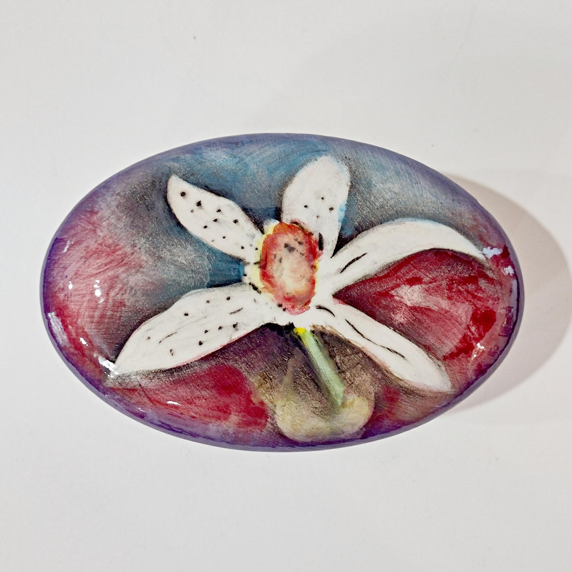 Vintage Signed Harris Cies Covered Ceramic Trinket Jewelry Dish with Floral Design, Post Modern Studio Pottery