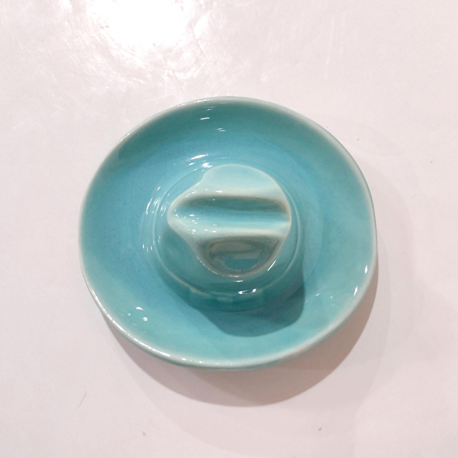 Vintage Bauer Pottery Ceramic Cowboy Hat Ashtray, Aqua Blue Trinket Ring Dish