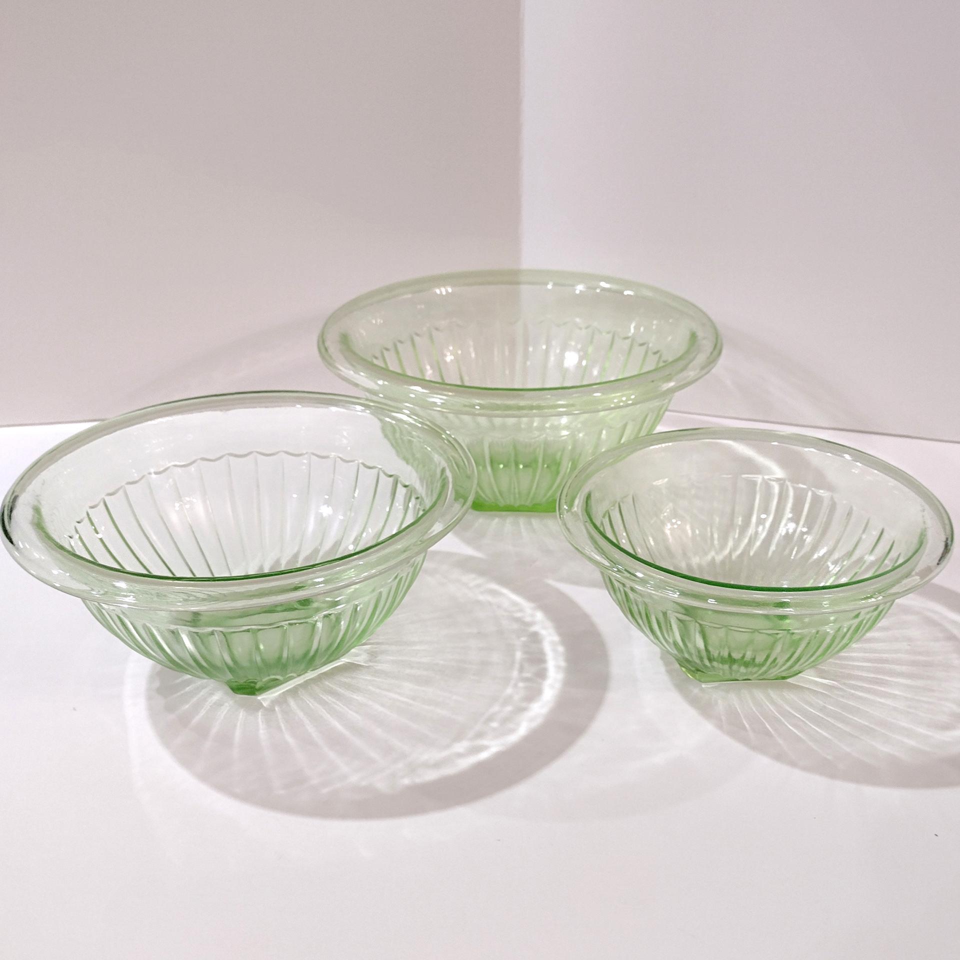 Vintage Uranium Glass Mixing Bowl Set of Three, Bartlett Collins BTC Ribbed Panel Green Depression Glass Bowls