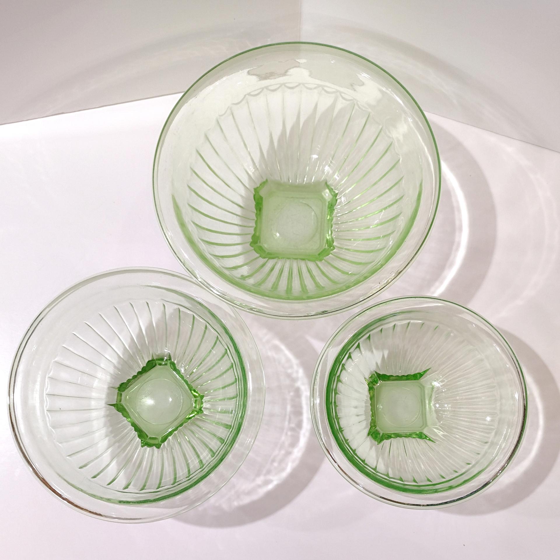 Vintage Uranium Glass Mixing Bowl Set of Three, Bartlett Collins BTC Ribbed Panel Green Depression Glass Bowls