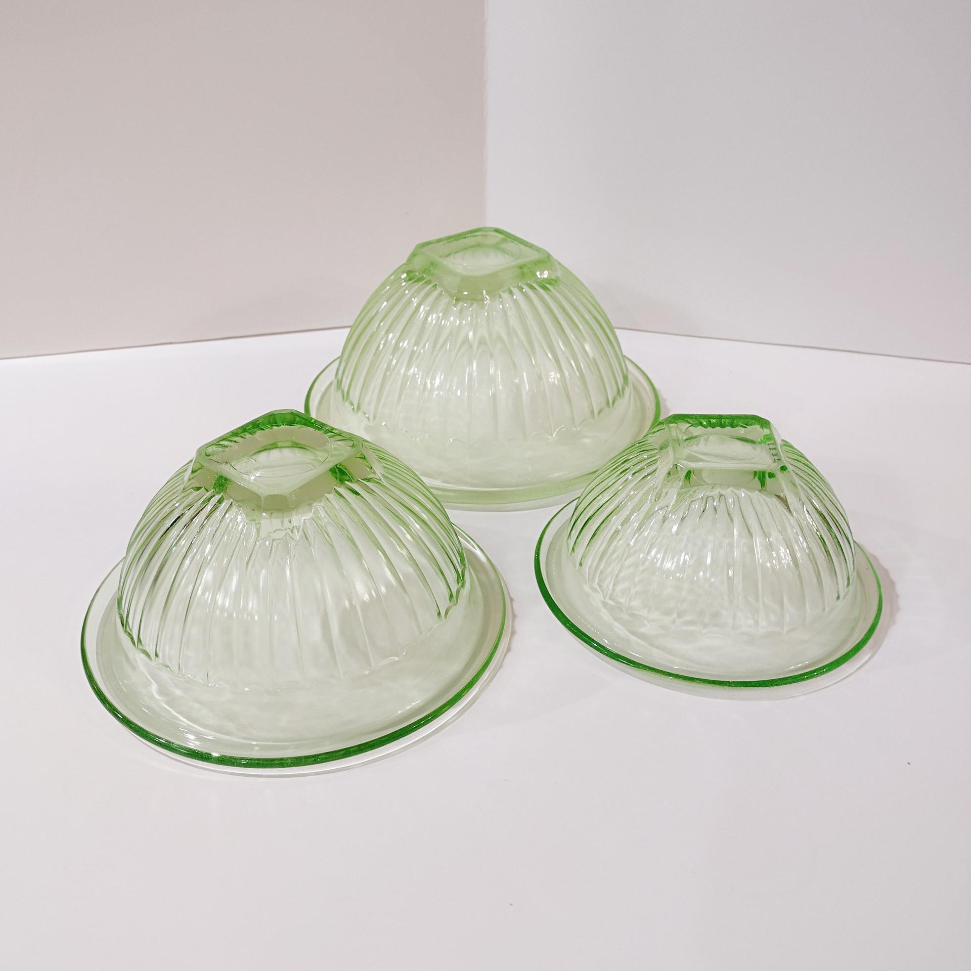 Vintage Uranium Glass Mixing Bowl Set of Three, Bartlett Collins BTC Ribbed Panel Green Depression Glass Bowls