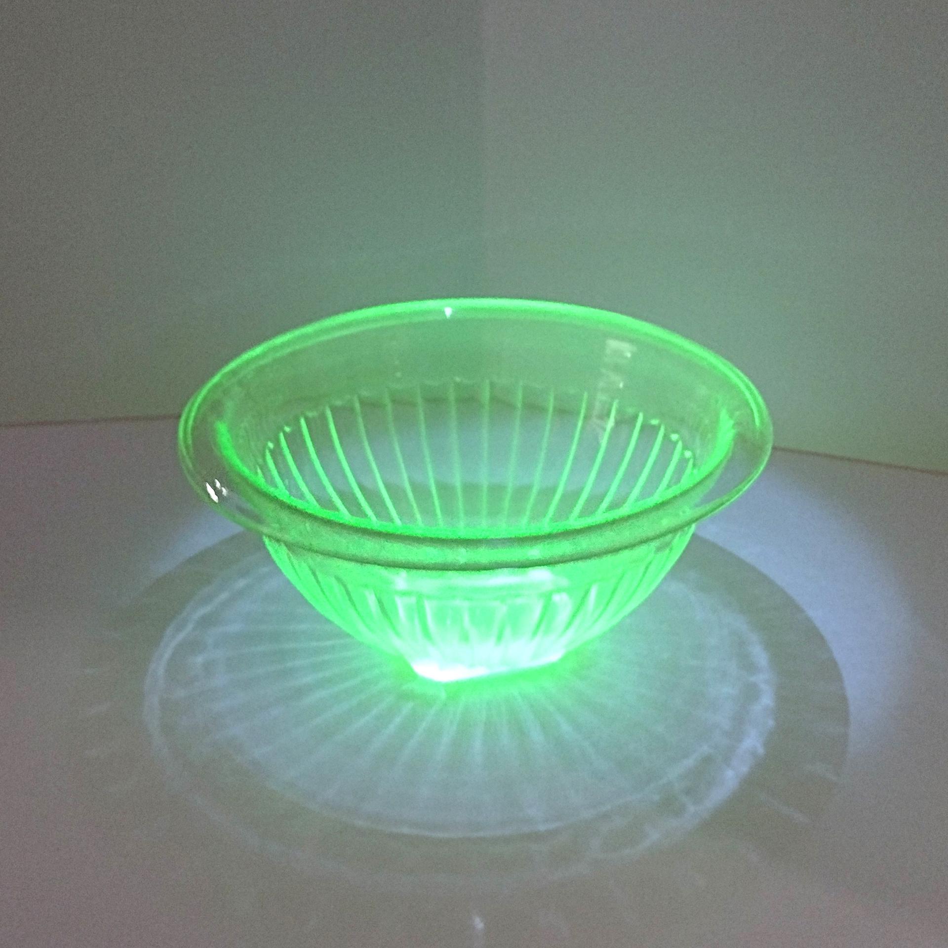 Vintage Uranium Glass Mixing Bowl Set of Three, Bartlett Collins BTC Ribbed Panel Green Depression Glass Bowls