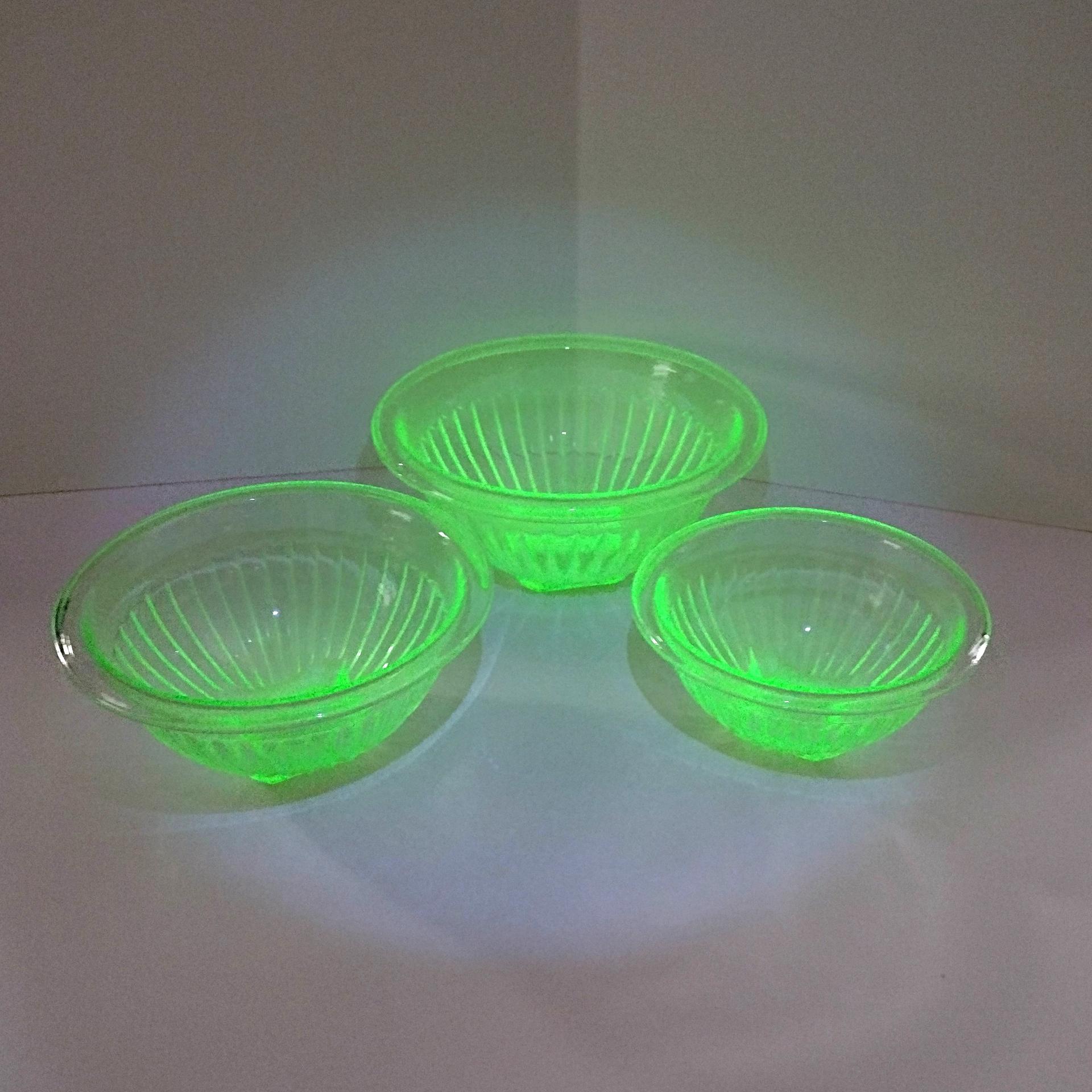 Vintage Uranium Glass Mixing Bowl Set of Three, Bartlett Collins BTC Ribbed Panel Green Depression Glass Bowls